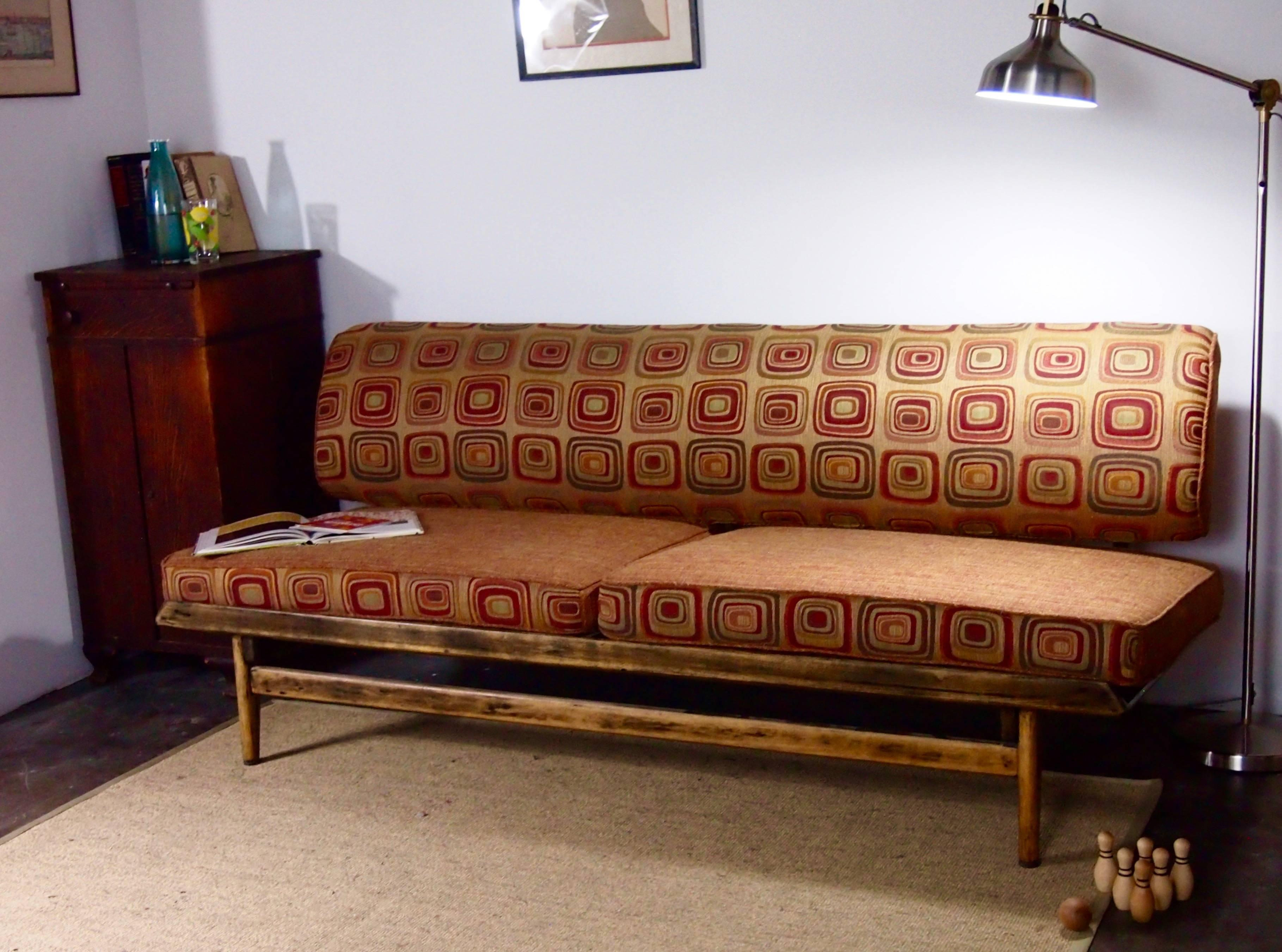 Mid-Century Slipper Sofa in Burnt Orange Tweed and Classic 60's Pattern-in stock In Good Condition In Brooklyn, NY