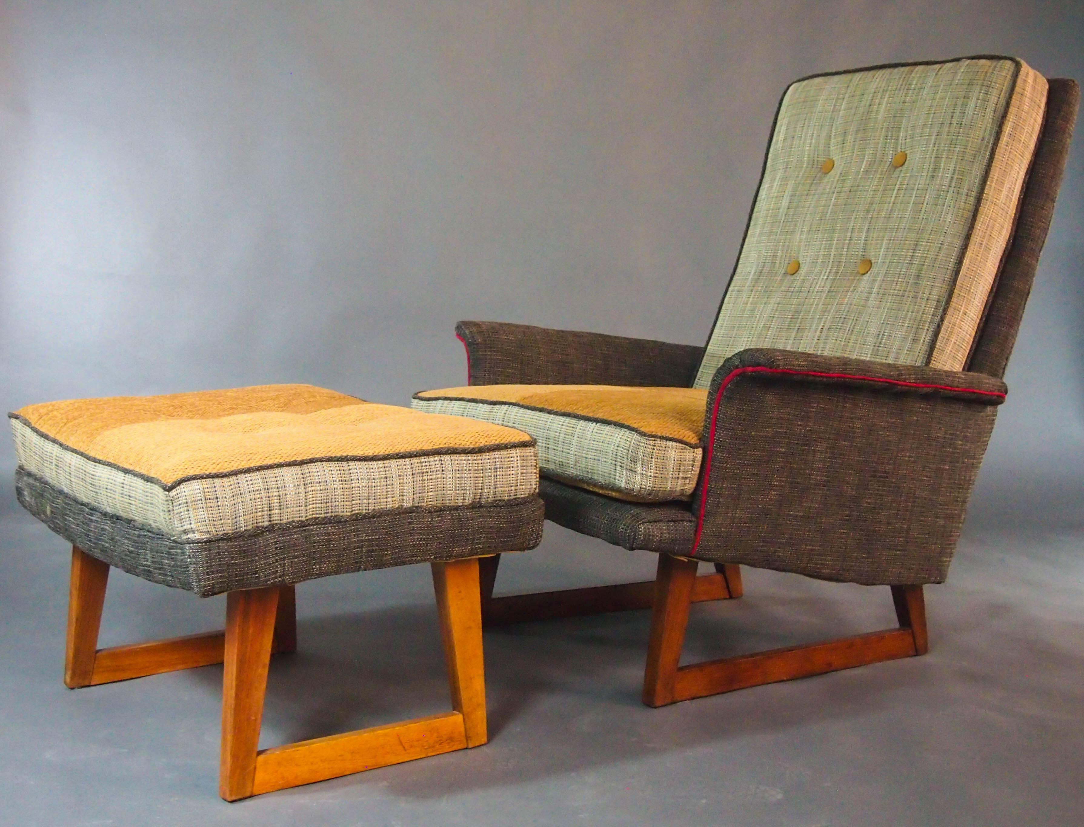 Thread Mid-Century Armchair in Gray Tweed and Gold For Sale