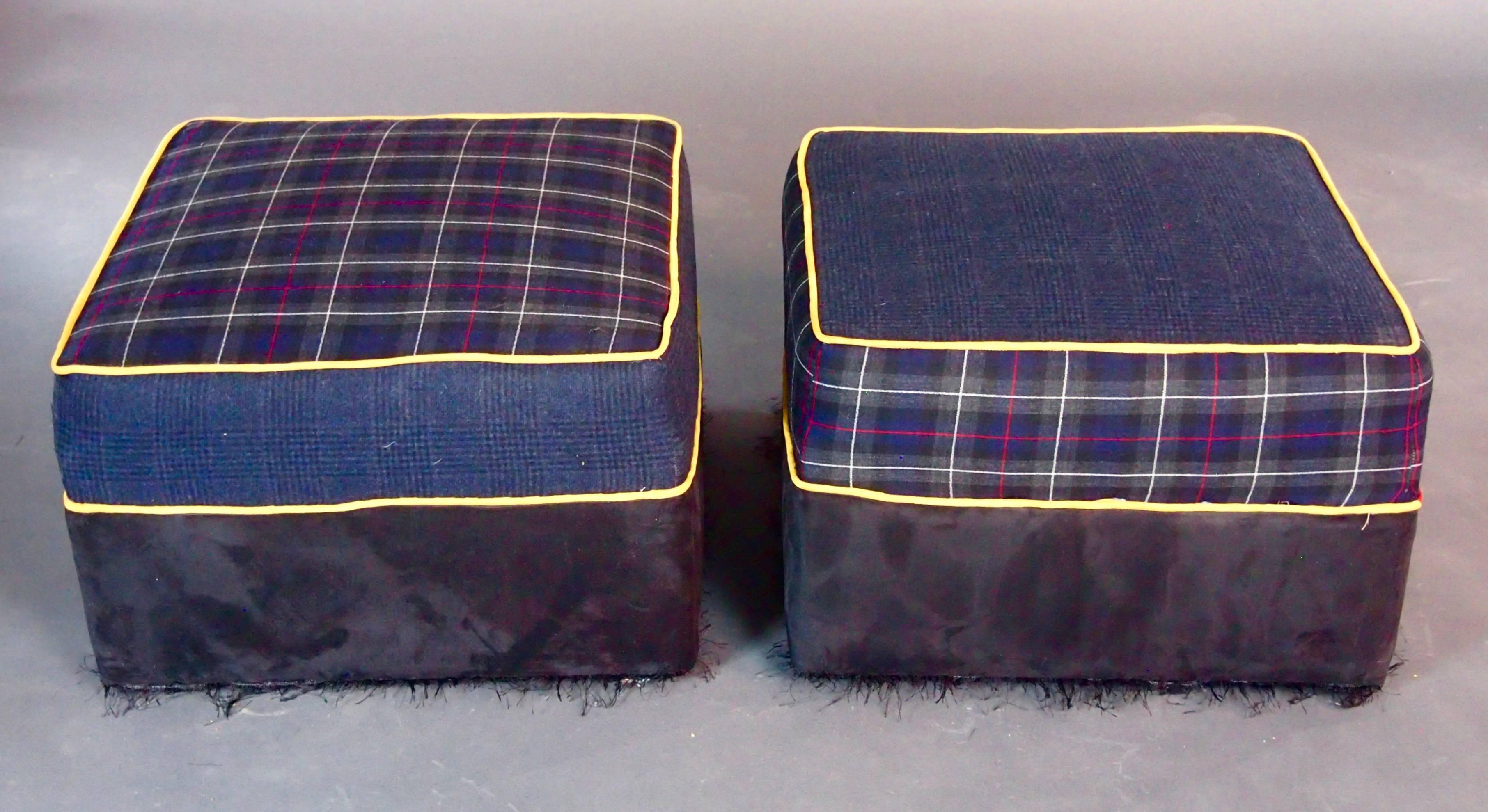 Modern Large Upholstered Ottomans, Navy Plaid--in stock For Sale