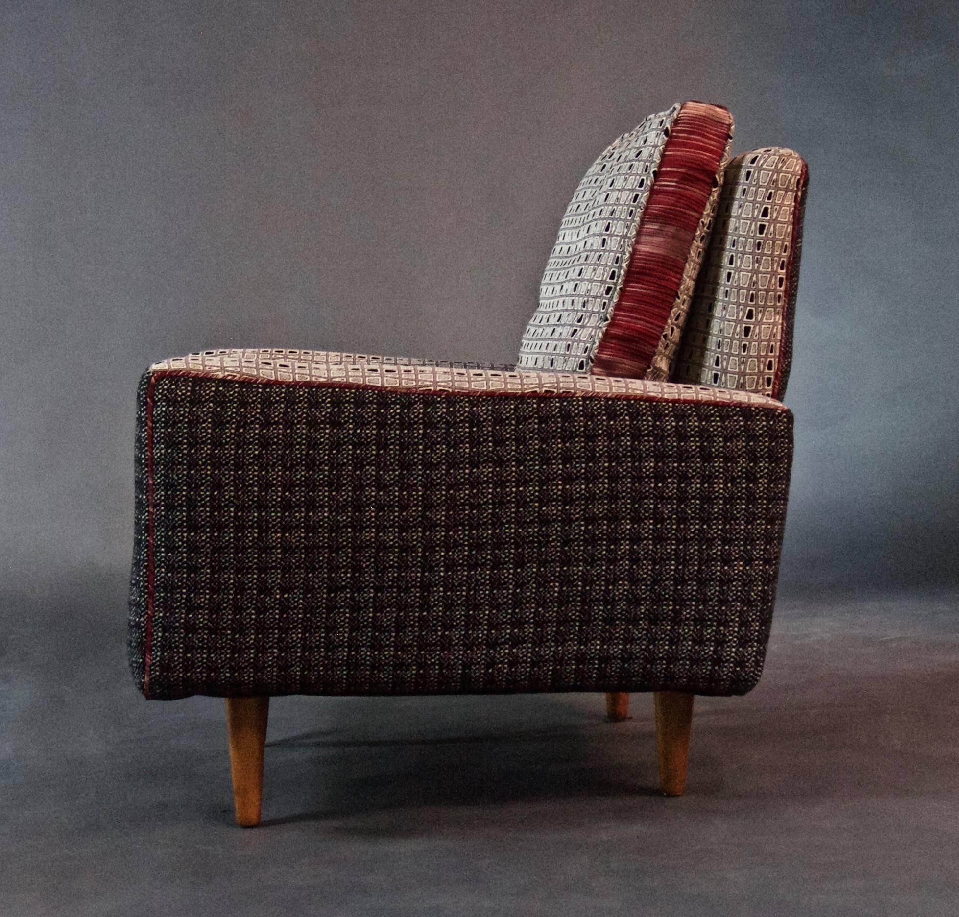 Mid-Century Modern Mid-Century Knoll Armchair in Gray Wool with Red Satin Seat--in stock