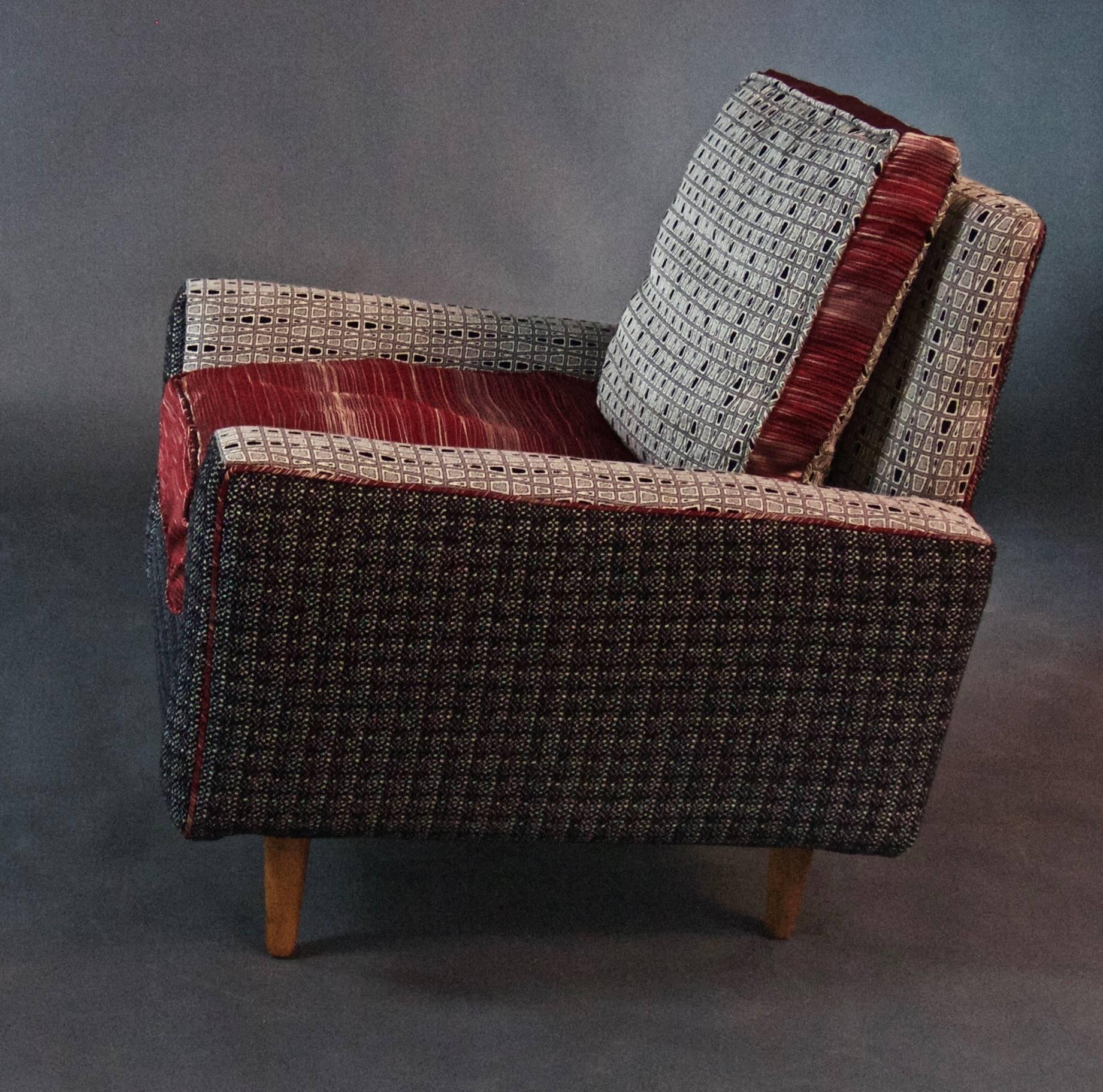 American Mid-Century Knoll Armchair in Gray Wool with Red Satin Seat--in stock