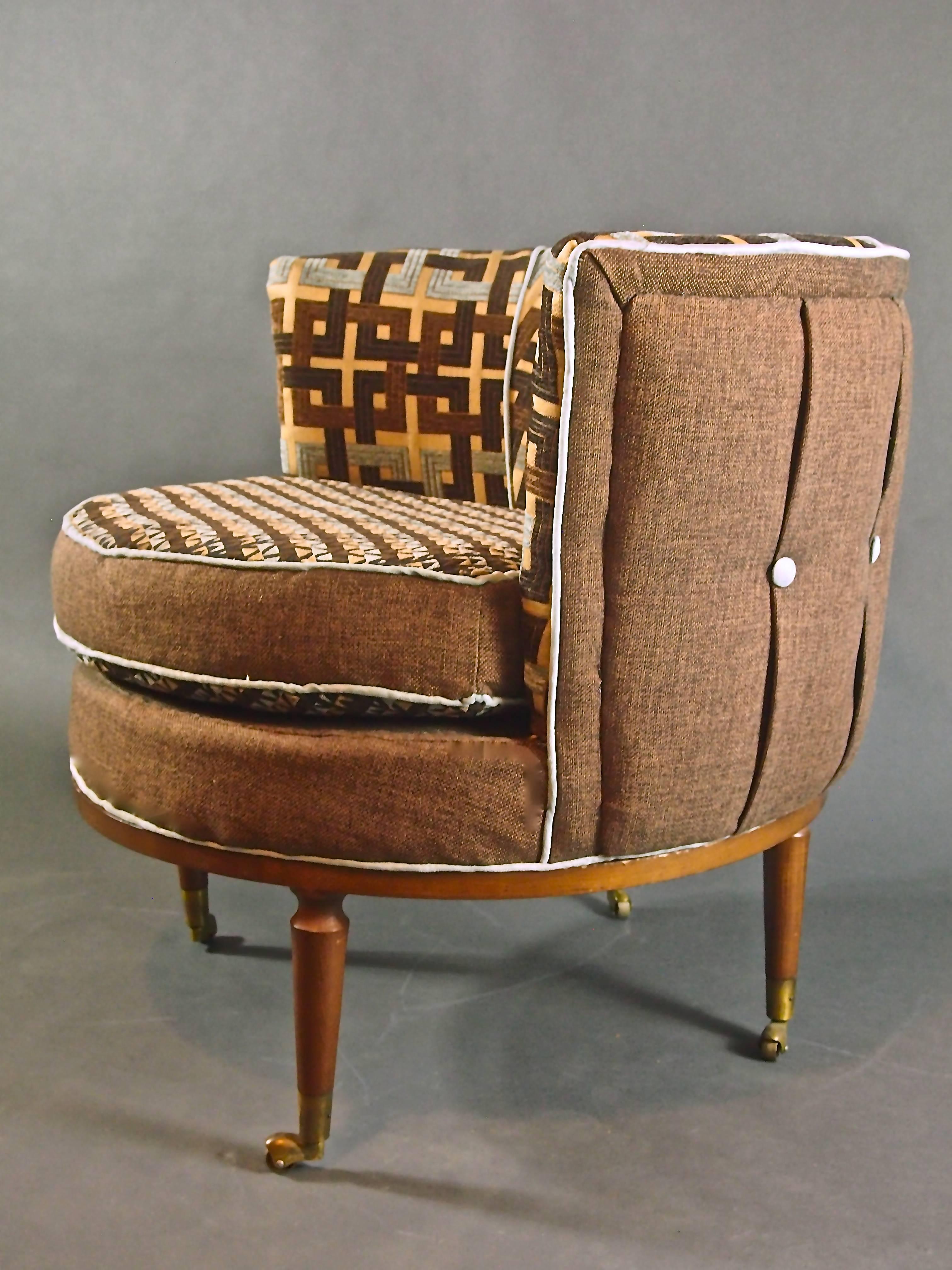 American Mid Century Barrel Chair in Brown and Blue--3 in stock For Sale