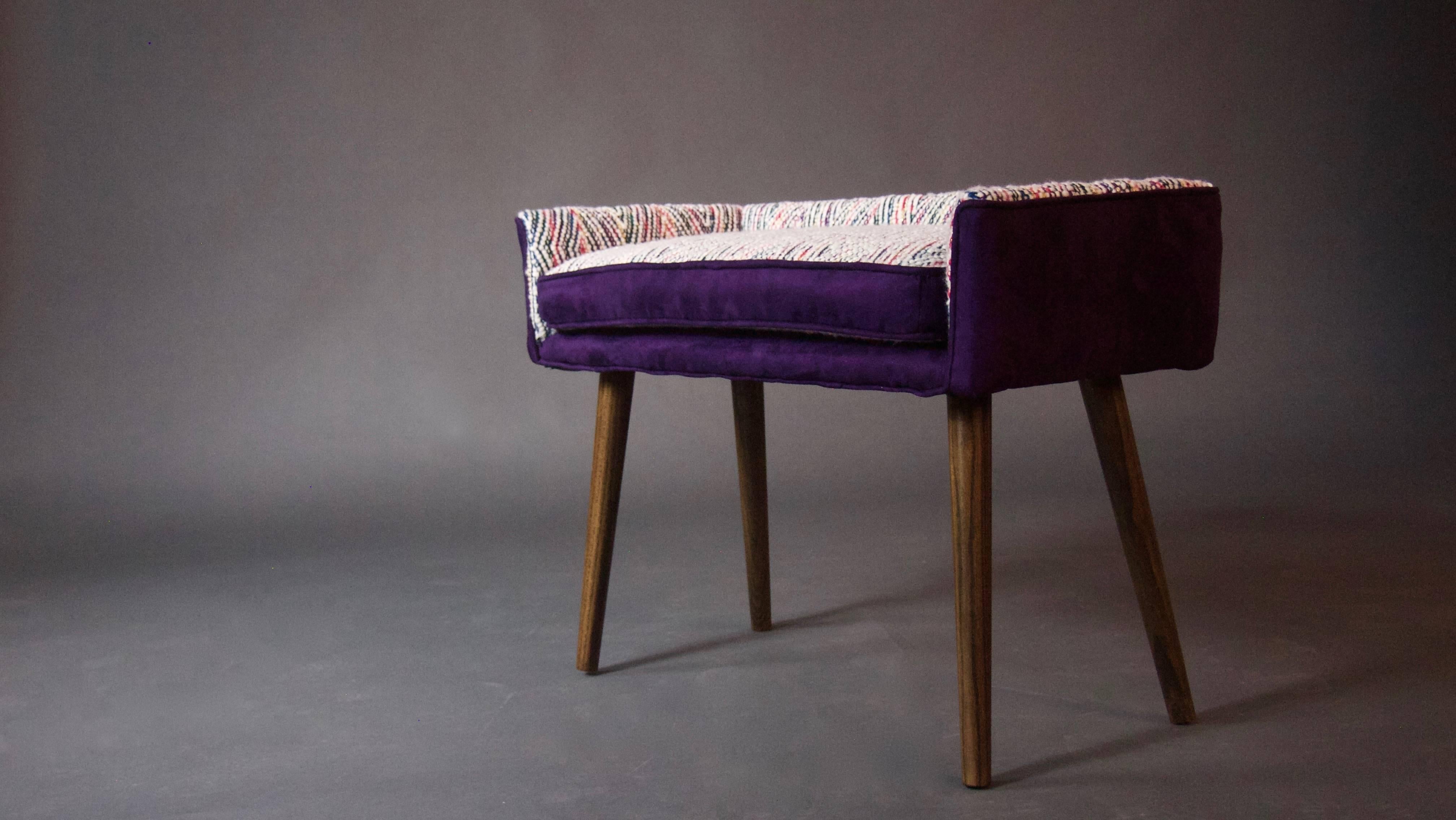 Modern Mid-Century Inspired Vanity-Sized Stool with Handmade Wool Textile--in stock