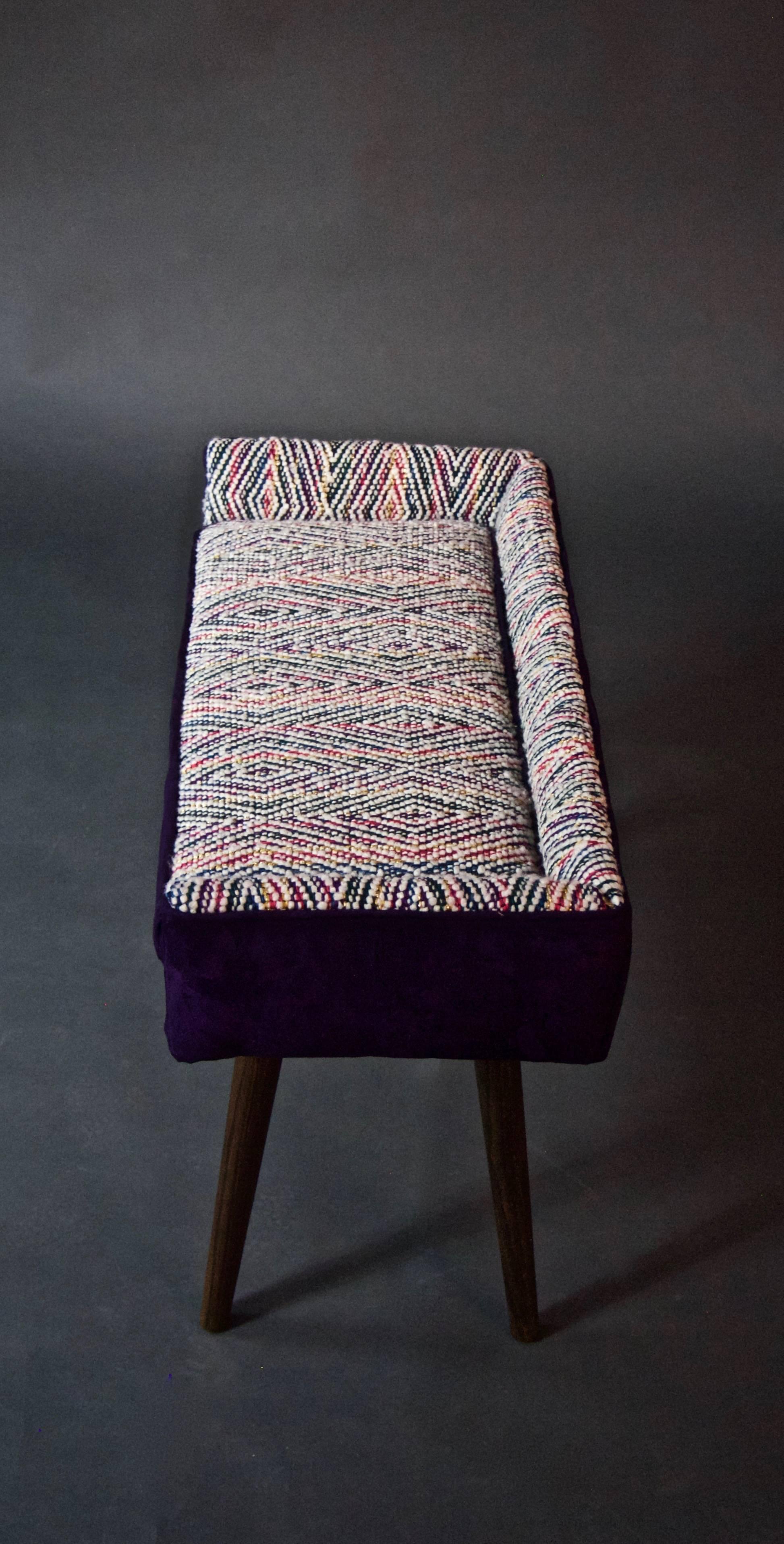 American Mid-Century Inspired Vanity-Sized Stool with Handmade Wool Textile--in stock