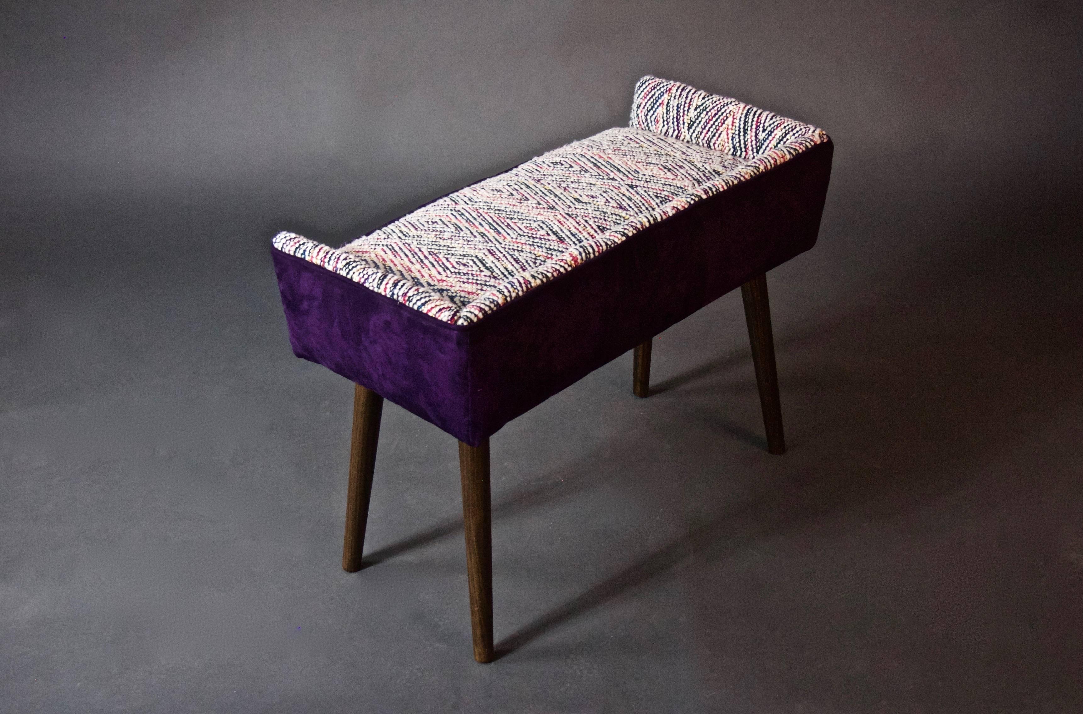 Stained Mid-Century Inspired Vanity-Sized Stool with Handmade Wool Textile--in stock