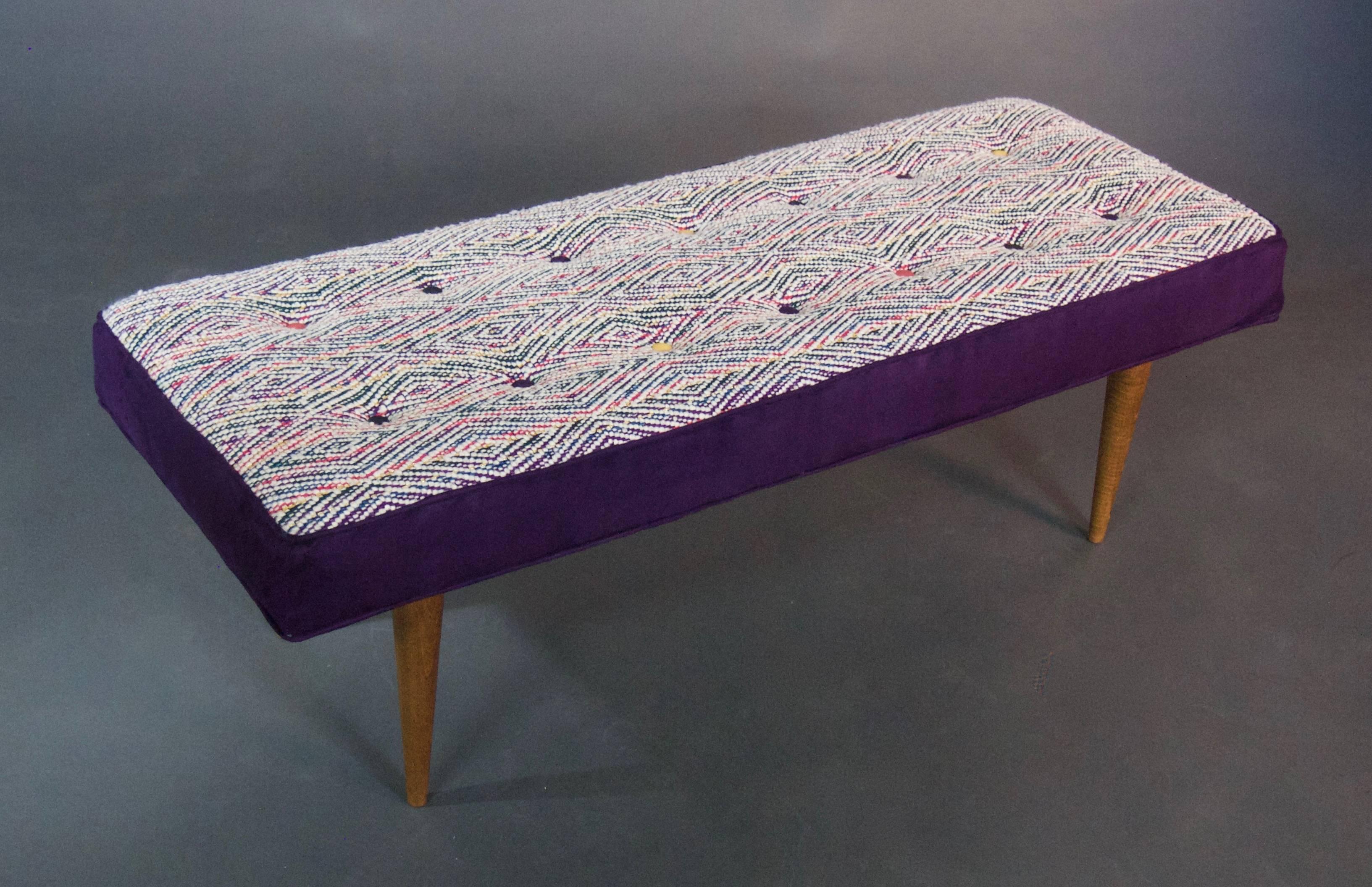 This new addition to our line of 14-button benches includes a seat fabric that's been hand-woven just for us! The fabric is inspired by a 1950's Chanel suit fabric, but carries a very unique diamond pattern in the weave. Buttons are complementary