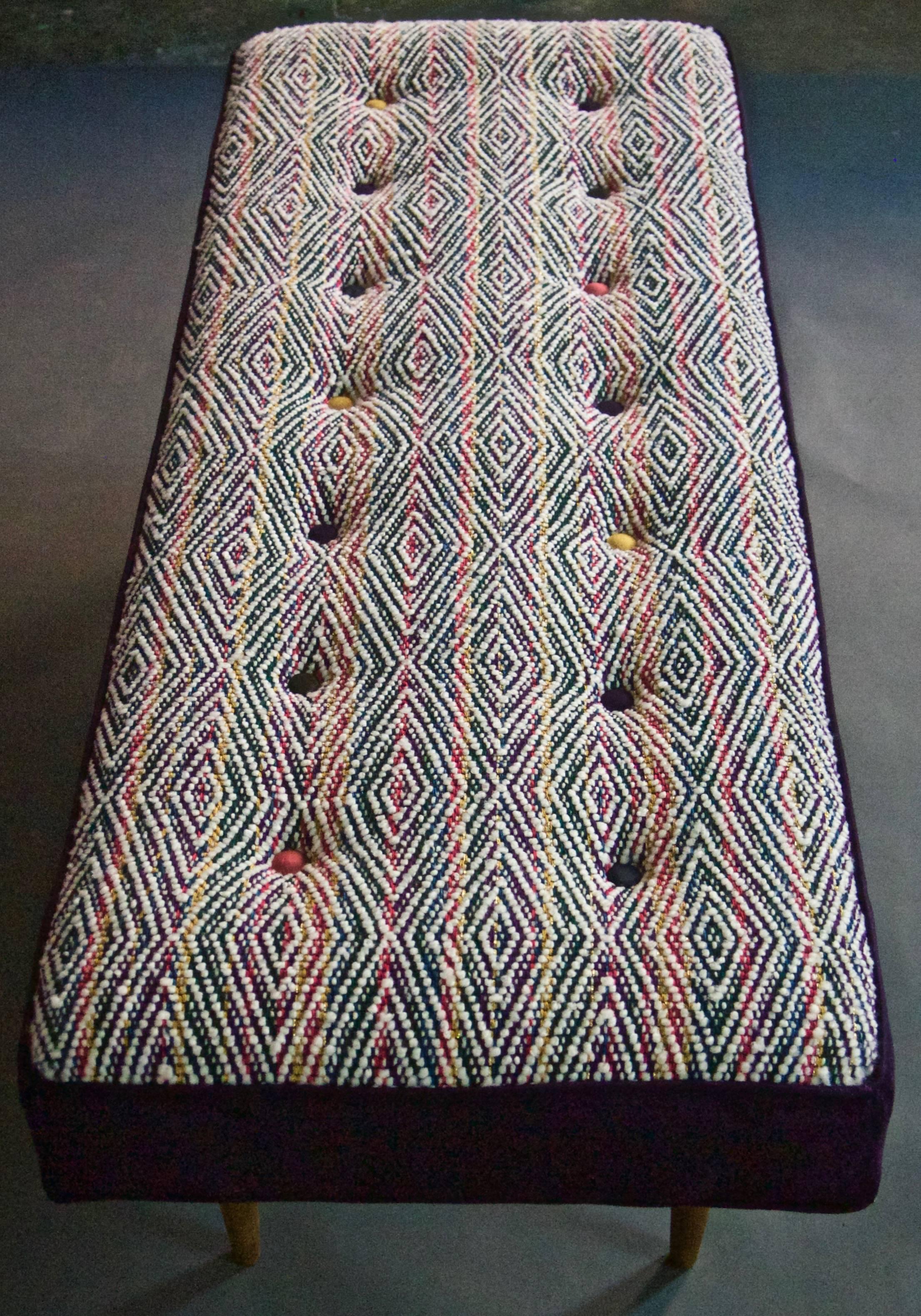 American Mid Century Inspired 14-Button Bench with Hand-Woven Textile Seat--in stock