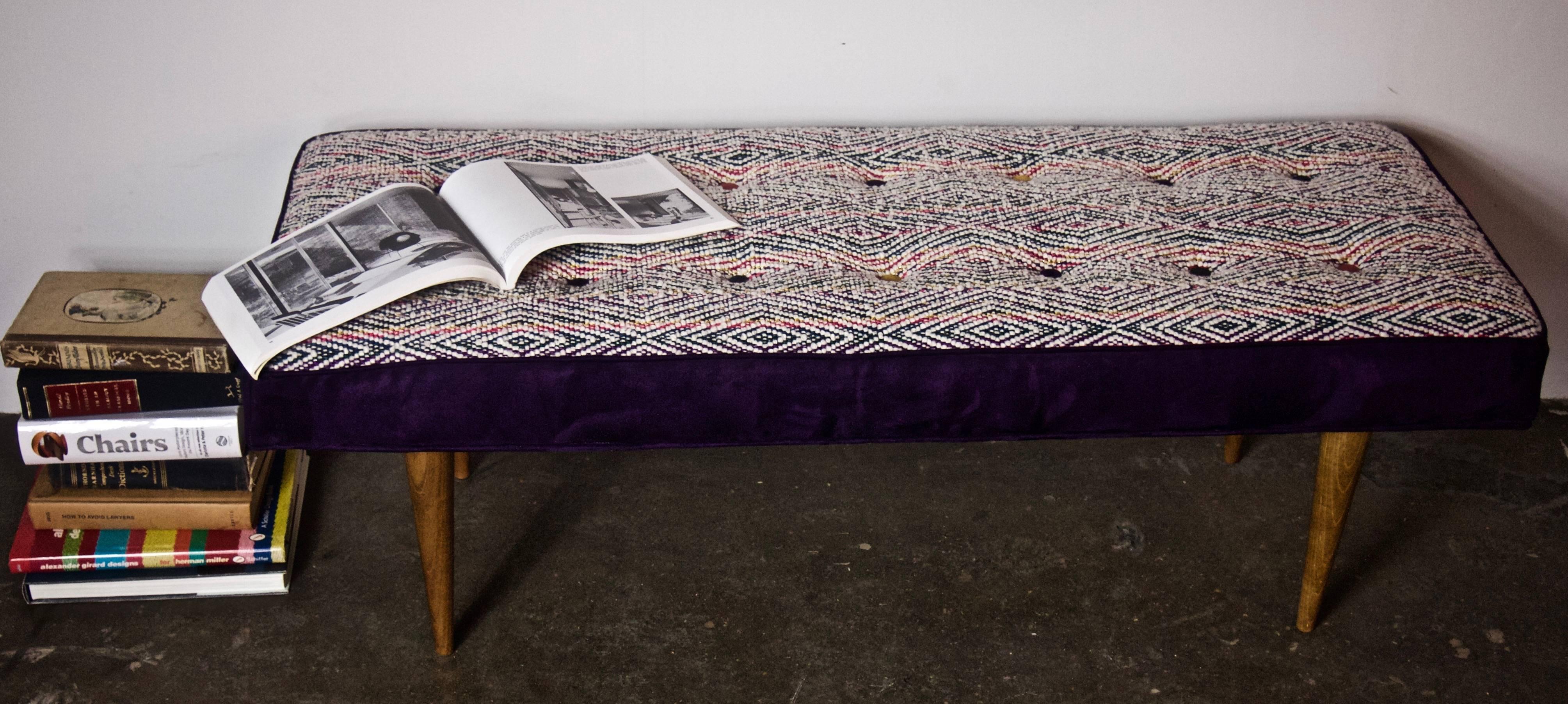 Mid Century Inspired 14-Button Bench with Hand-Woven Textile Seat--in stock In Excellent Condition In Brooklyn, NY