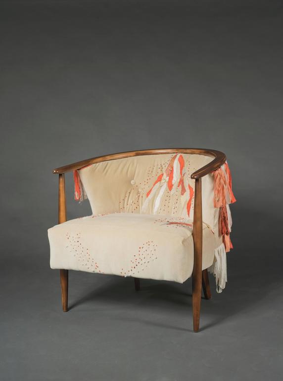 Mid Century Ivory Barrel Chair with Hand Embroidery For Sale at 1stDibs