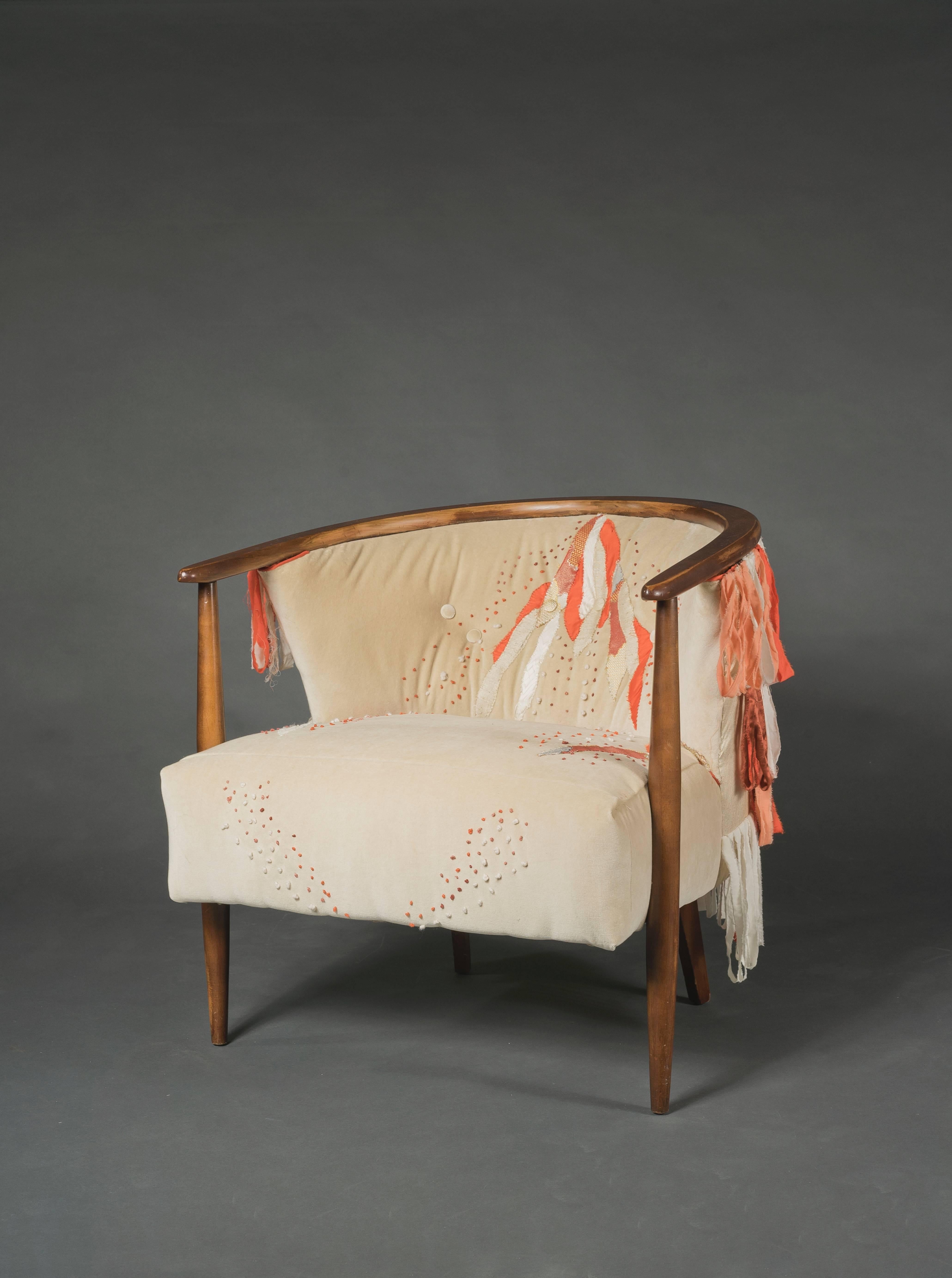 Hand-Crafted Mid Century Ivory Barrel Chair with Hand Embroidery For Sale