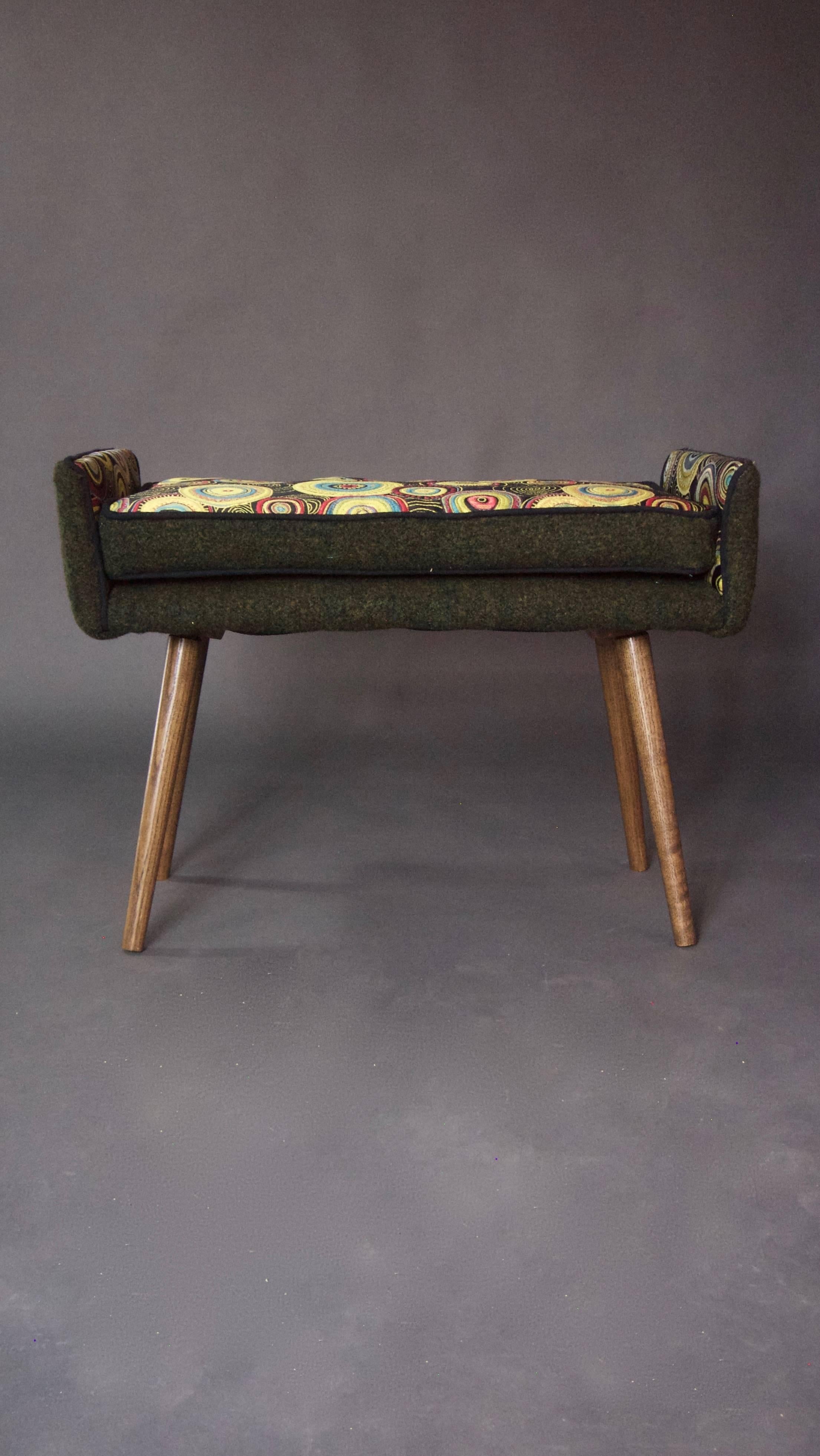 Modern Mid-Century Inspired Vanity-Sized Stool, Sunbursts with Forest Green--in stock For Sale