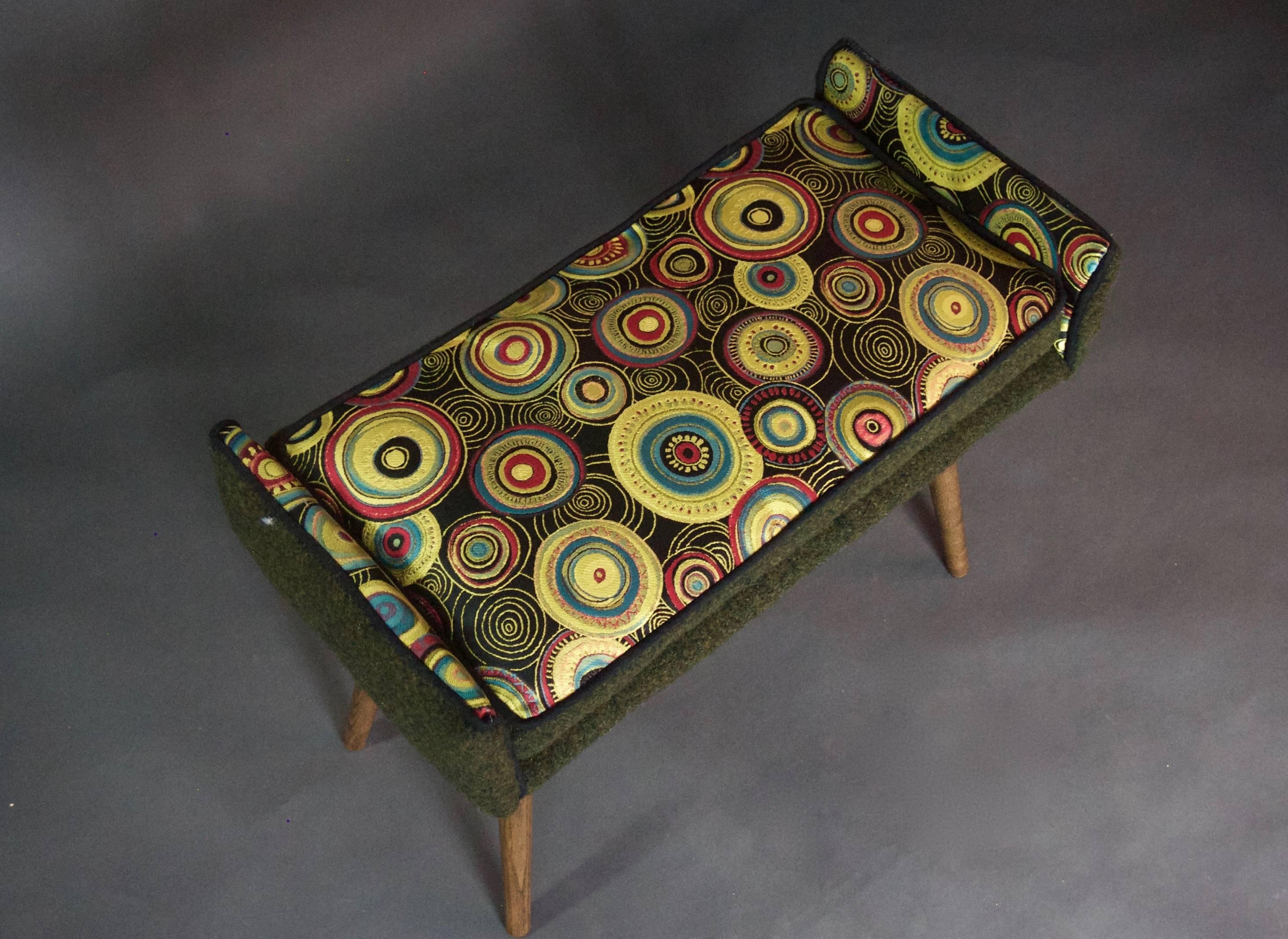 American Mid-Century Inspired Vanity-Sized Stool, Sunbursts with Forest Green--in stock For Sale