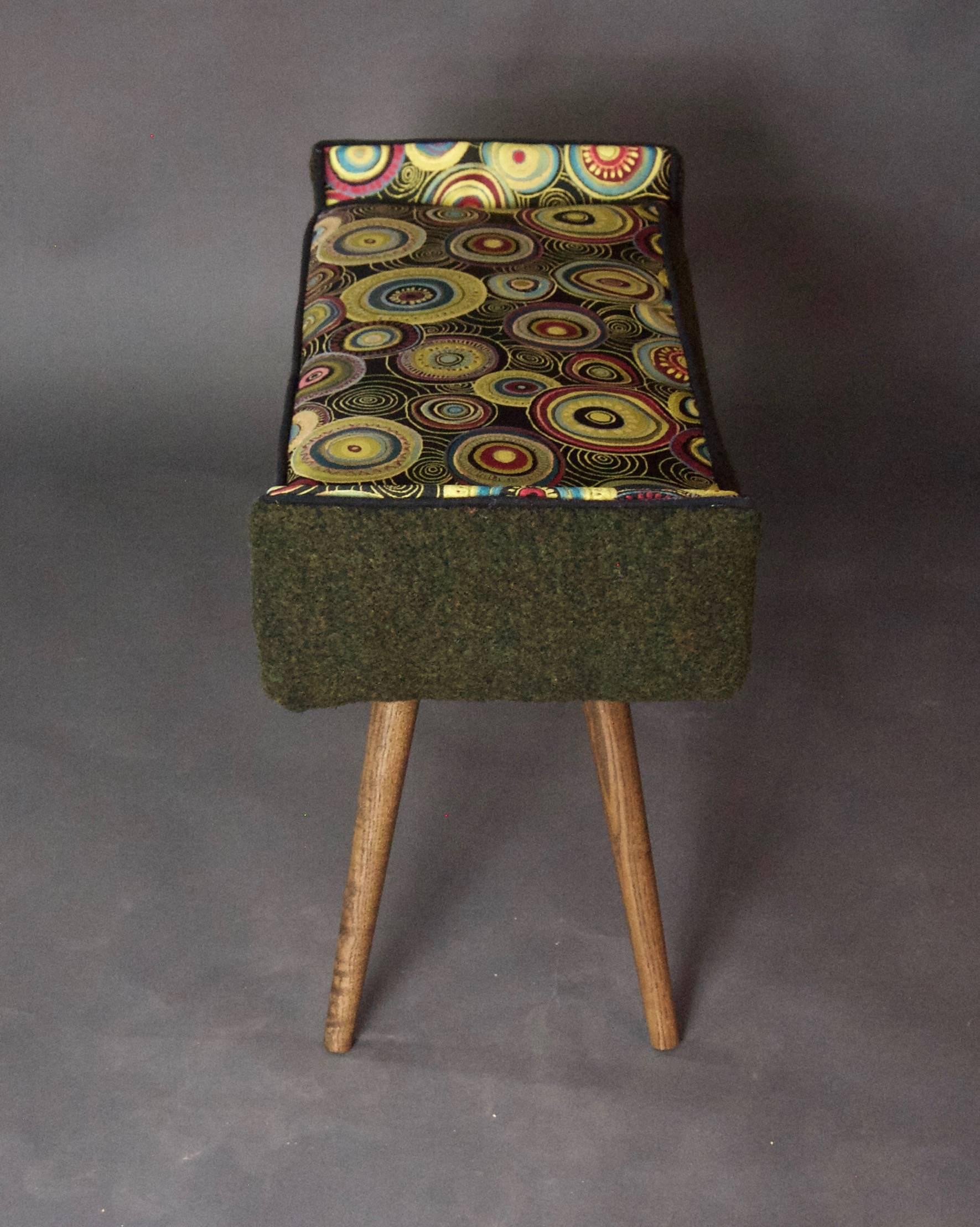 Hand-Crafted Mid-Century Inspired Vanity-Sized Stool, Sunbursts with Forest Green--in stock For Sale