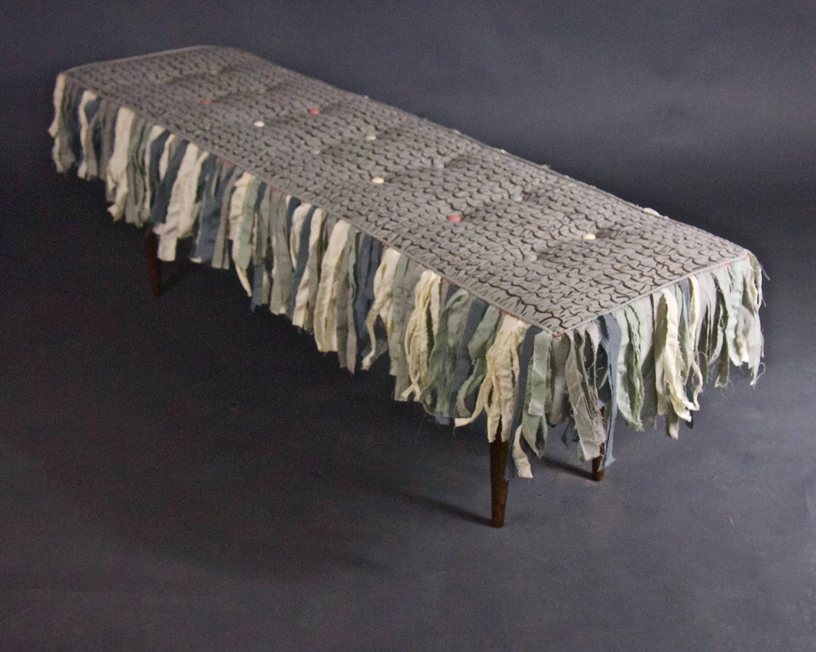 Modern Handmade Bench with Hand-Painted Textile and Handmade Cotton Fringe