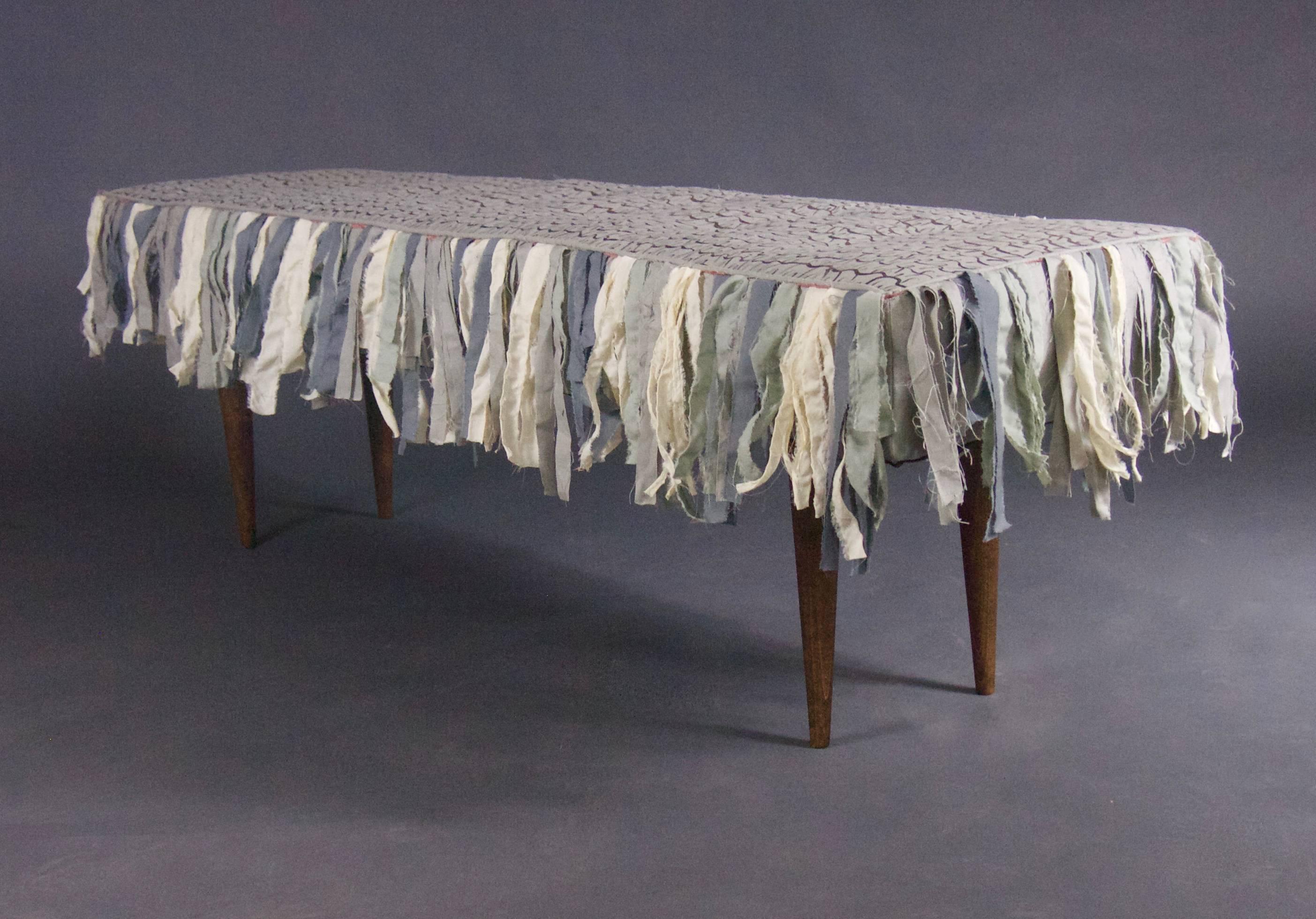 American Handmade Bench with Hand-Painted Textile and Handmade Cotton Fringe