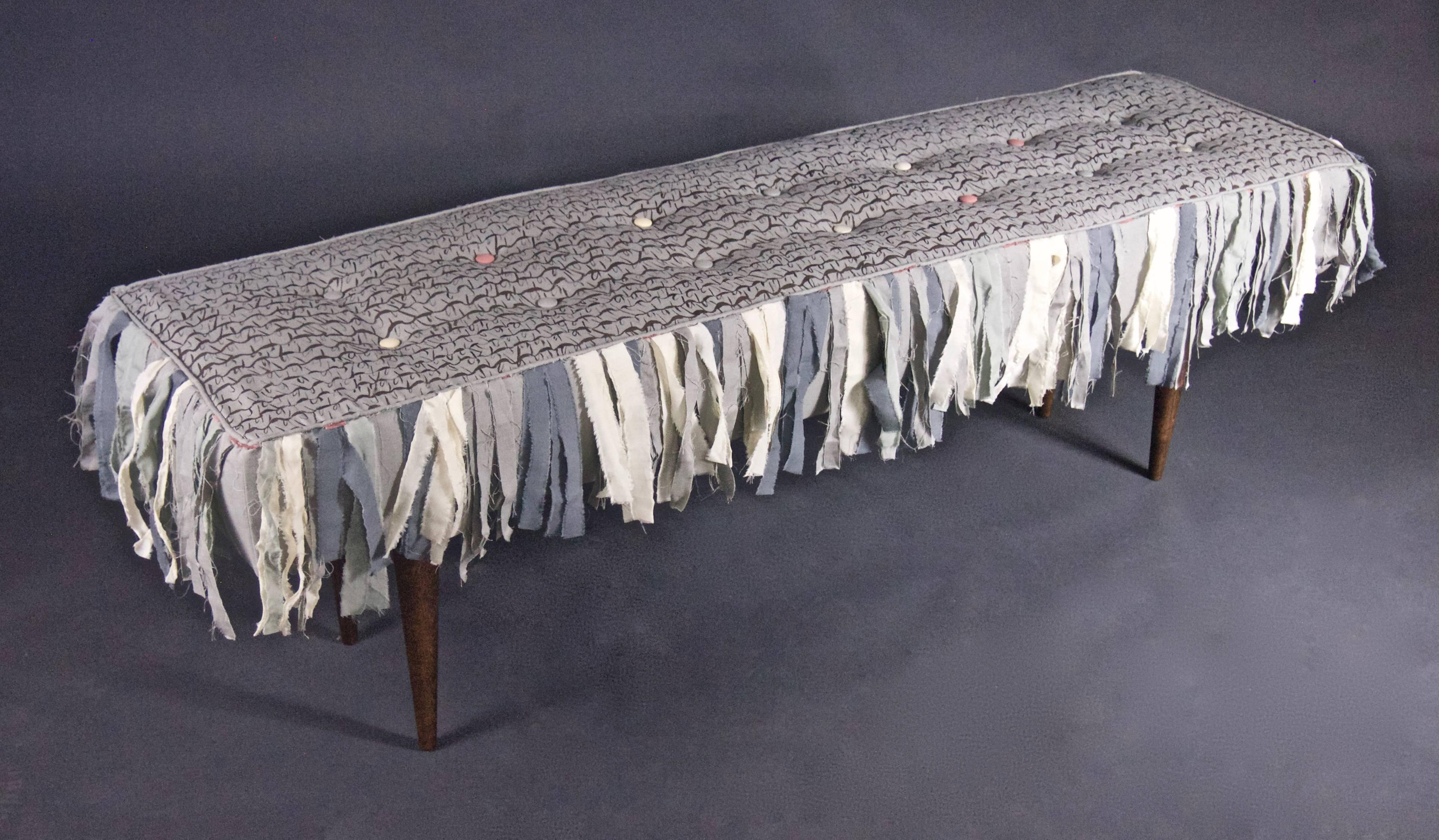 Handmade Bench with Hand-Painted Textile and Handmade Cotton Fringe In Excellent Condition In Brooklyn, NY