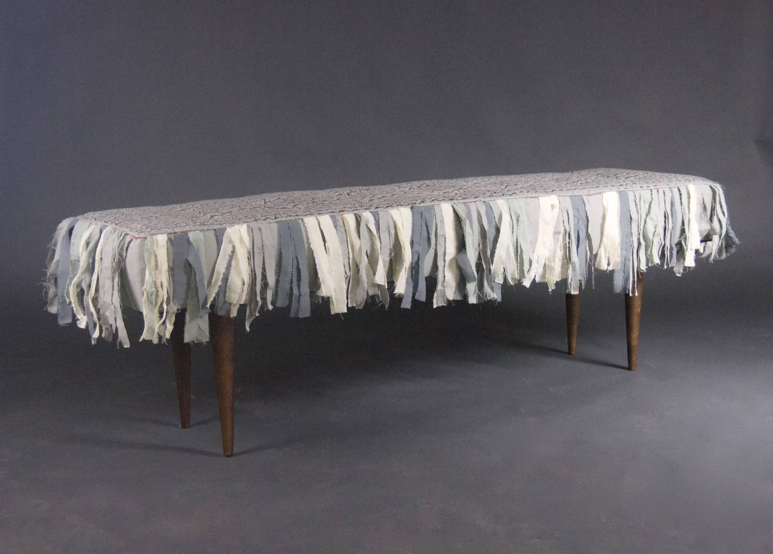 Contemporary Handmade Bench with Hand-Painted Textile and Handmade Cotton Fringe
