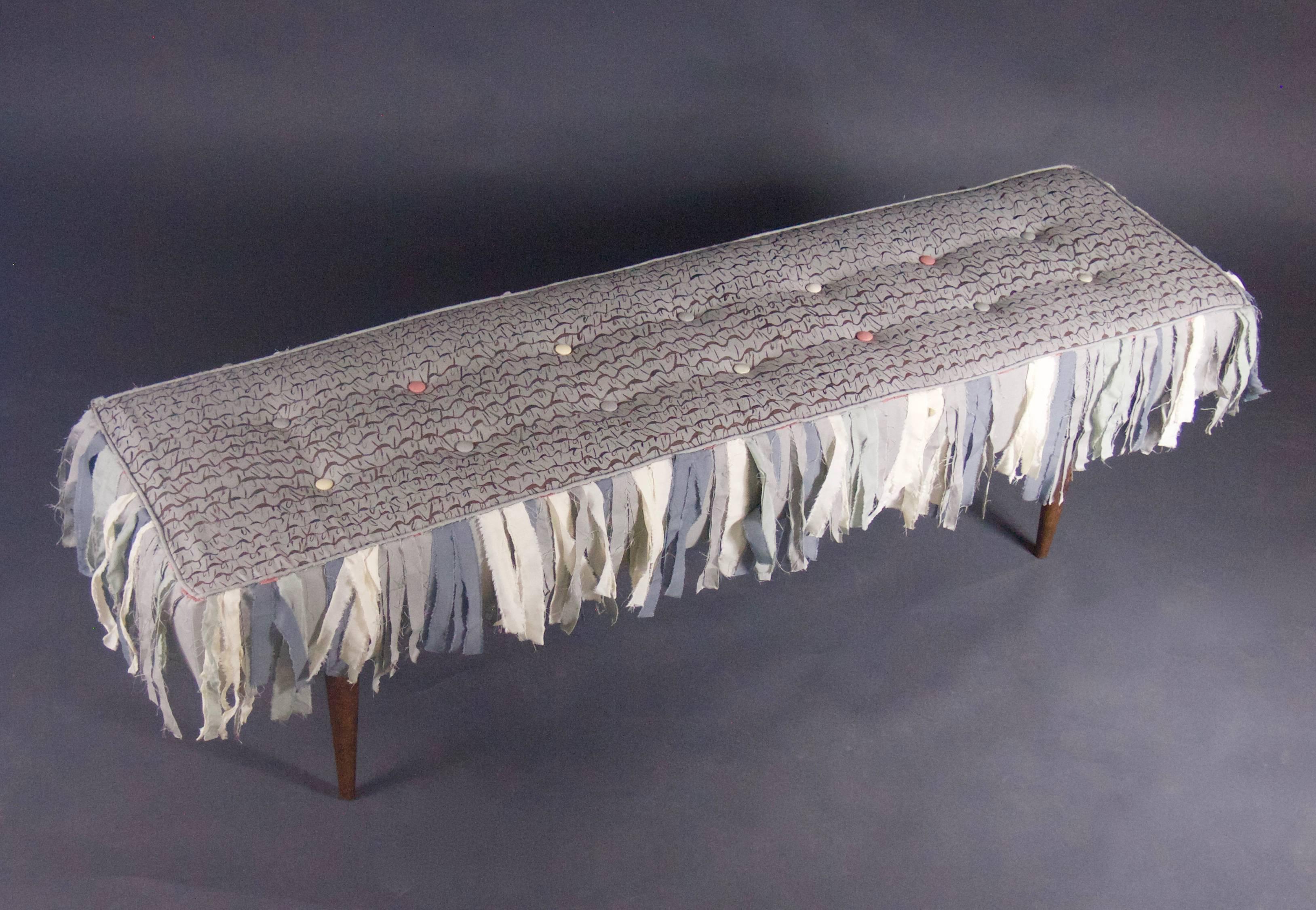 Handmade Bench with Hand-Painted Textile and Handmade Cotton Fringe 1