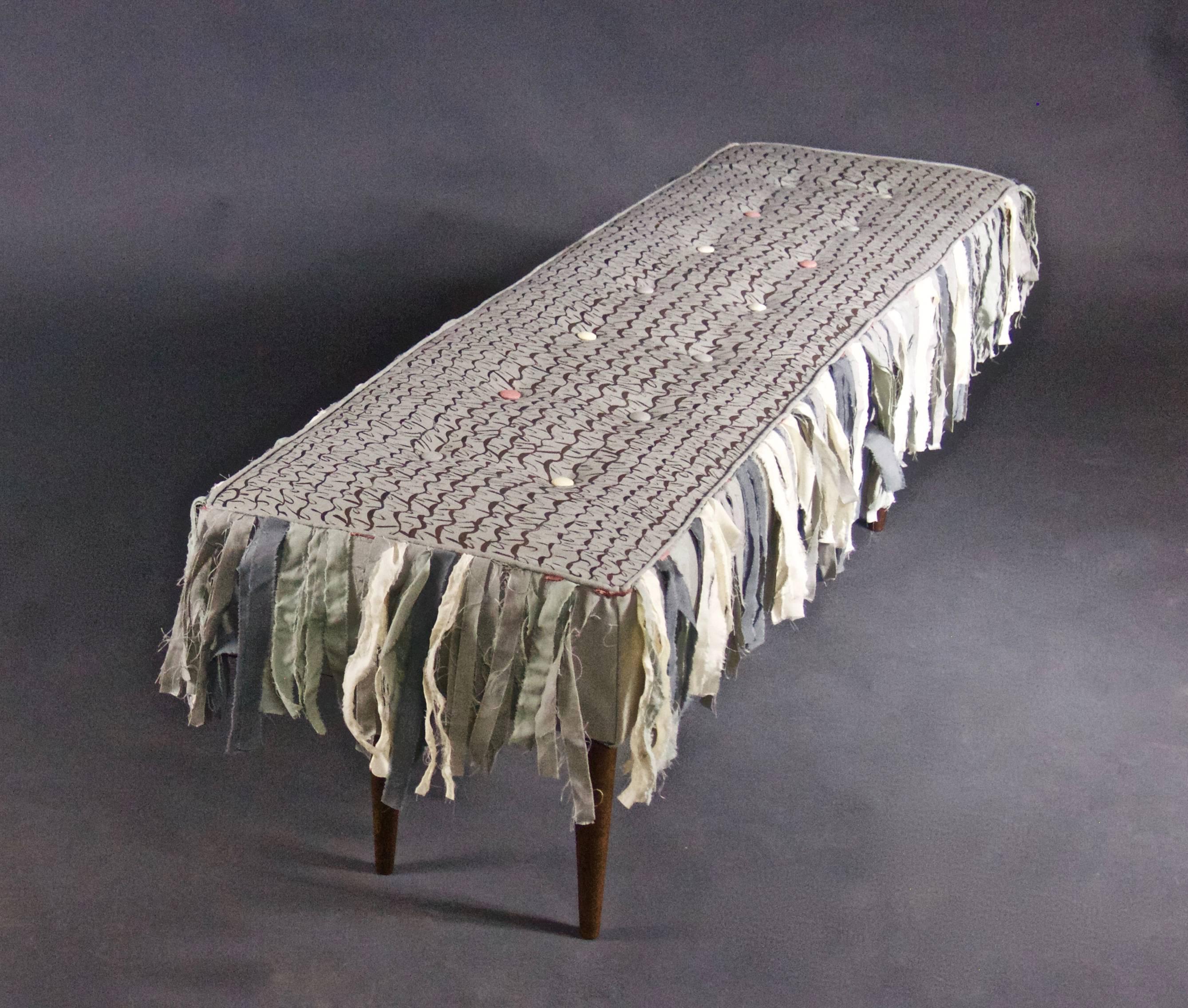 Handmade Bench with Hand-Painted Textile and Handmade Cotton Fringe 2