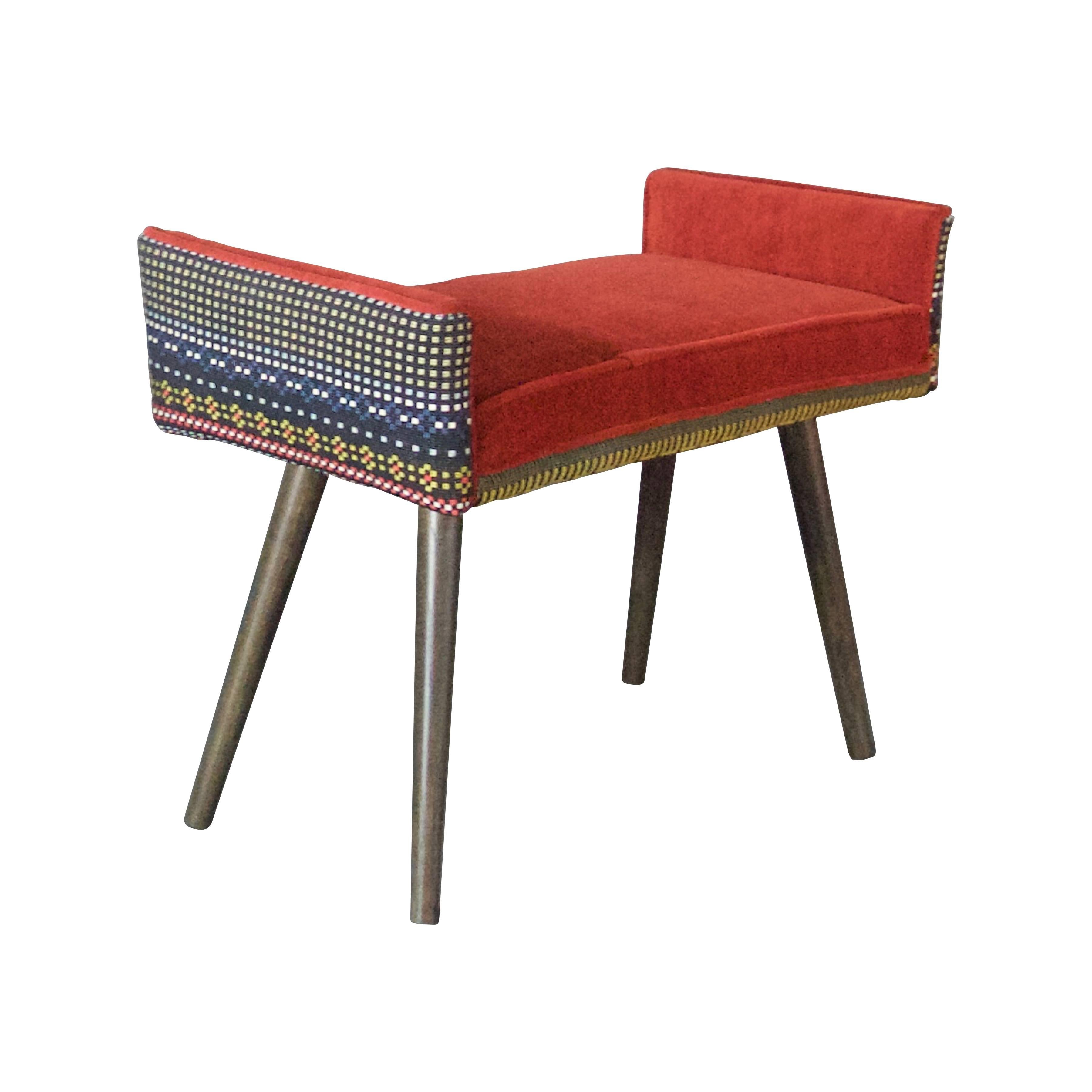 Modern Studio Series:  Backless Vanity Size Stool in Folklorica with Flame Red Seat For Sale