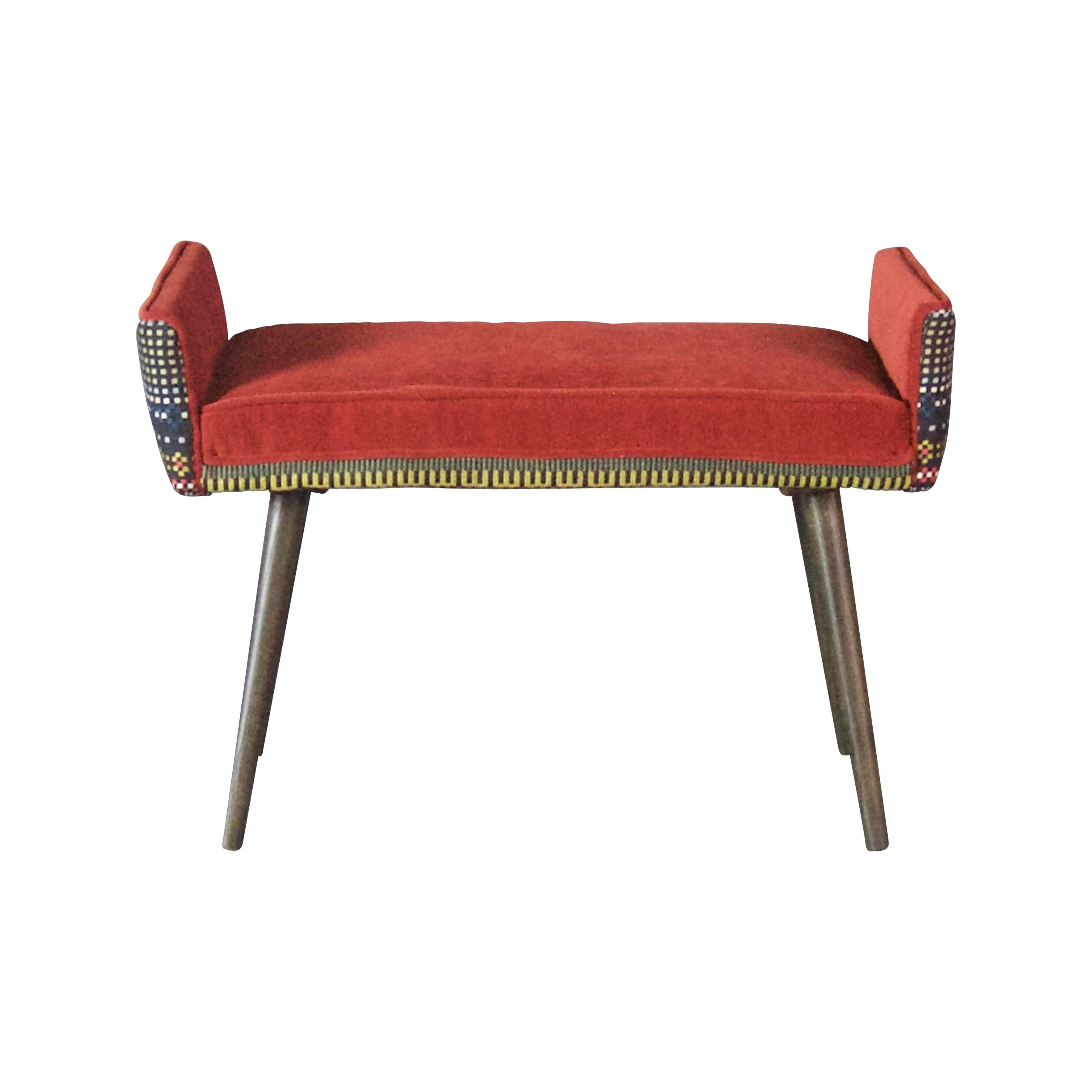Studio Series:  Backless Vanity Size Stool in Folklorica with Flame Red Seat In Excellent Condition For Sale In Brooklyn, NY
