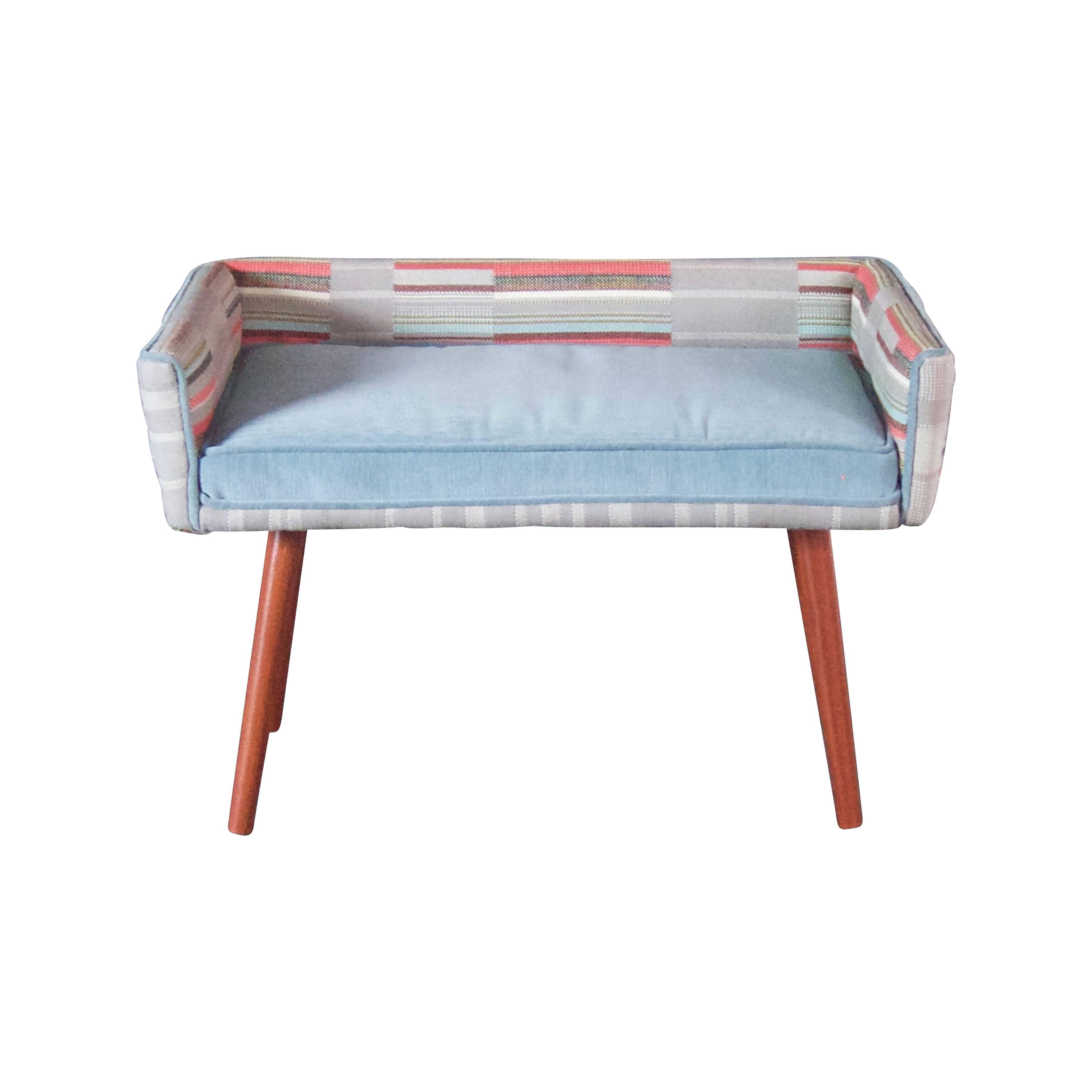 Stained Studio Series: Vanity Size Stool in Gray Geometric with Ice Blue Seat--in stock For Sale