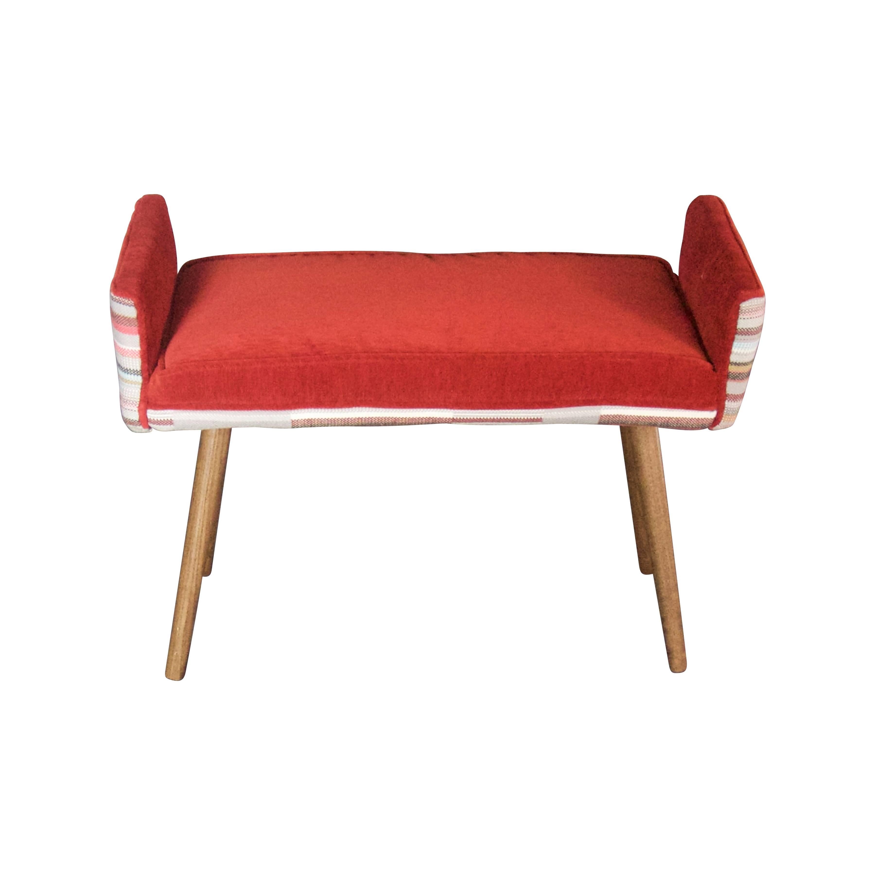 Modern Studio Series: Backless Vanity Size Stool in Gray Geometric with Flame Red Seat For Sale