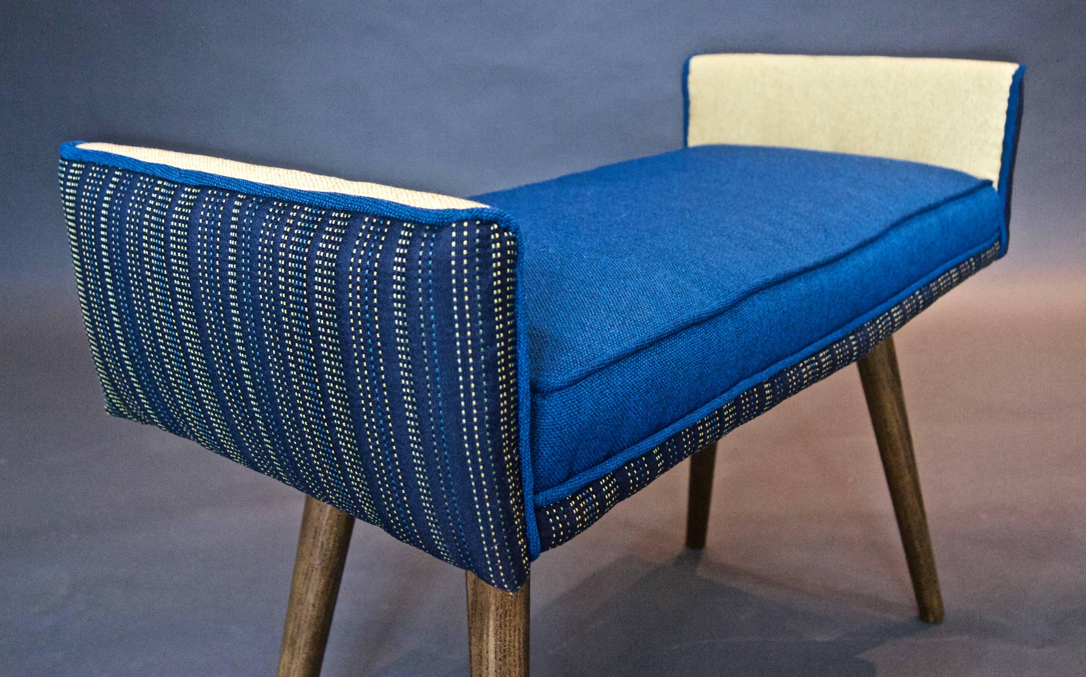 Studio Series: Backless Vanity Size Stool in Navy Pinstripe, Blue Seat-in stock In Excellent Condition For Sale In Brooklyn, NY