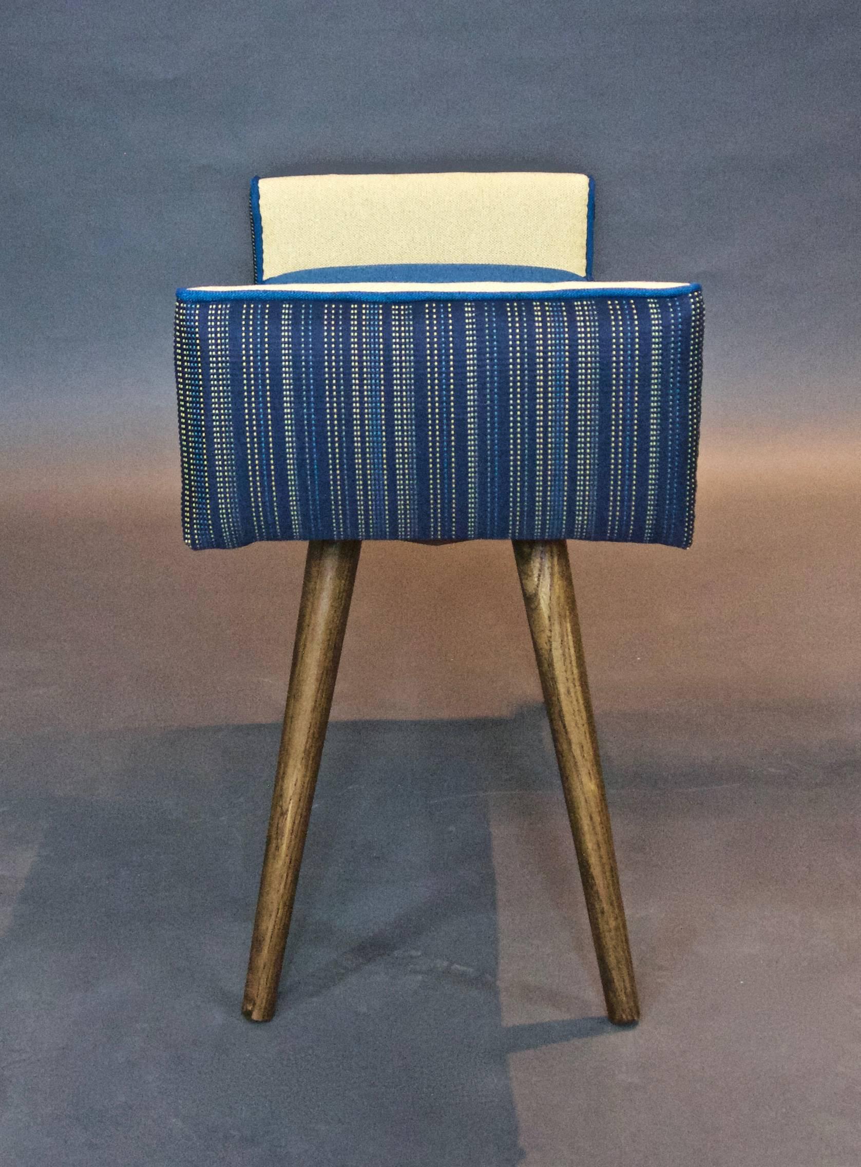 Upholstery Studio Series: Backless Vanity Size Stool in Navy Pinstripe, Blue Seat-in stock For Sale