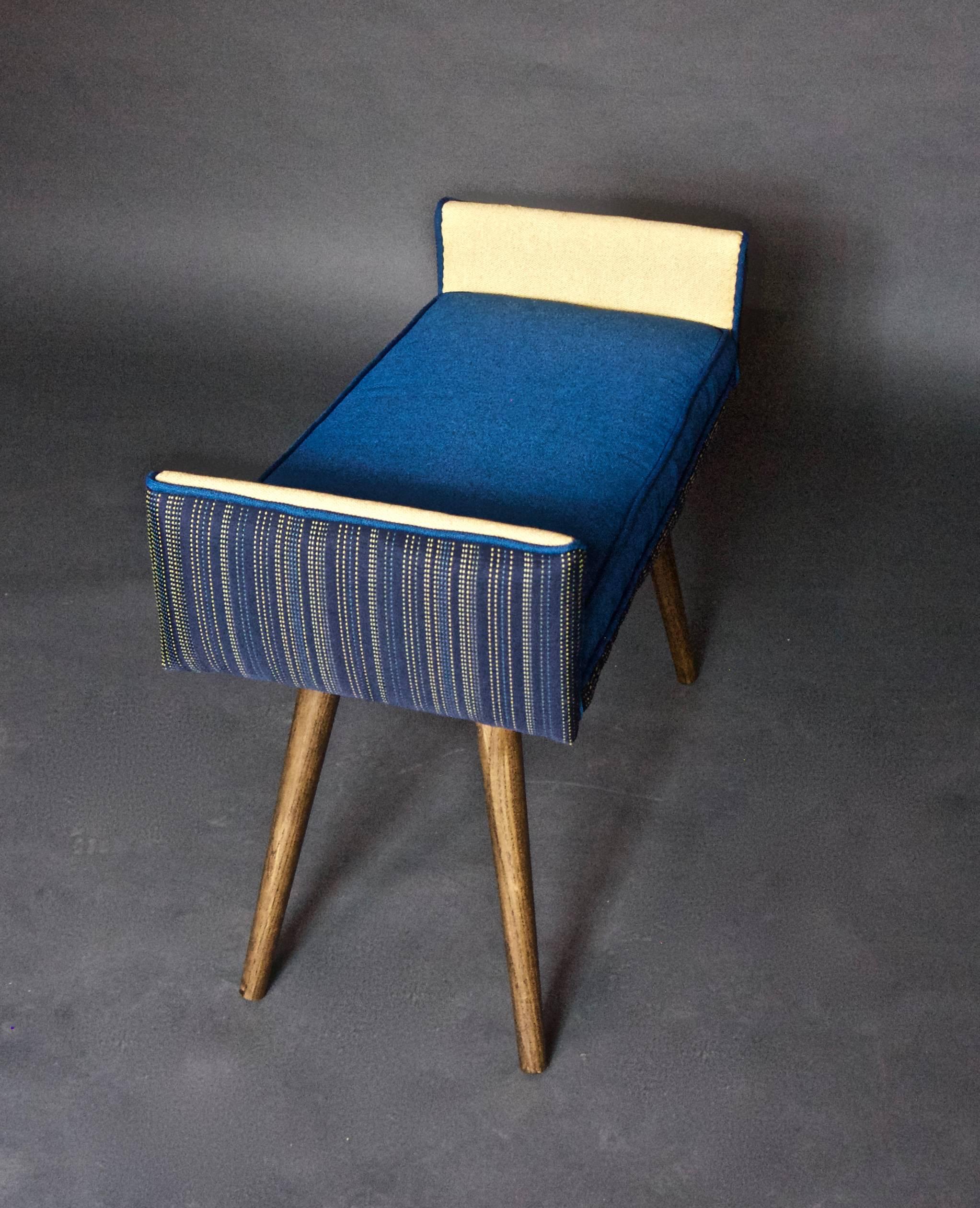 Studio Series: Backless Vanity Size Stool in Navy Pinstripe, Blue Seat-in stock For Sale 1