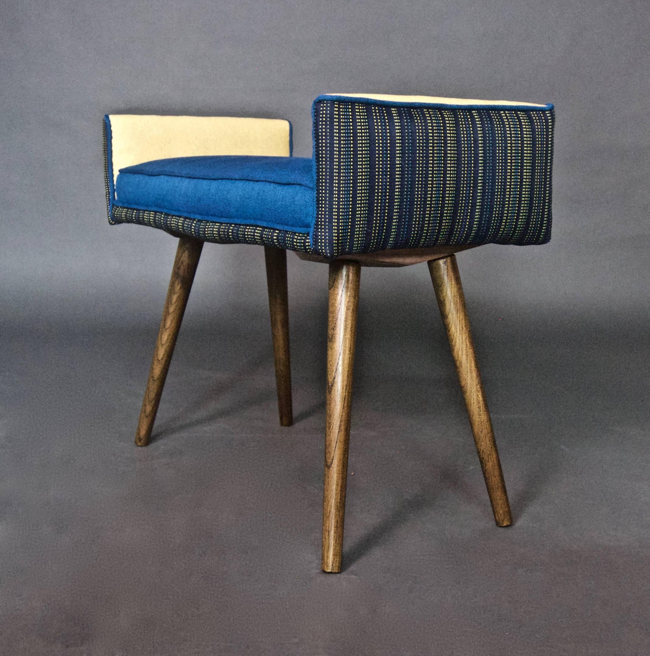 Modern Studio Series: Backless Vanity Size Stool in Navy Pinstripe, Blue Seat-in stock For Sale