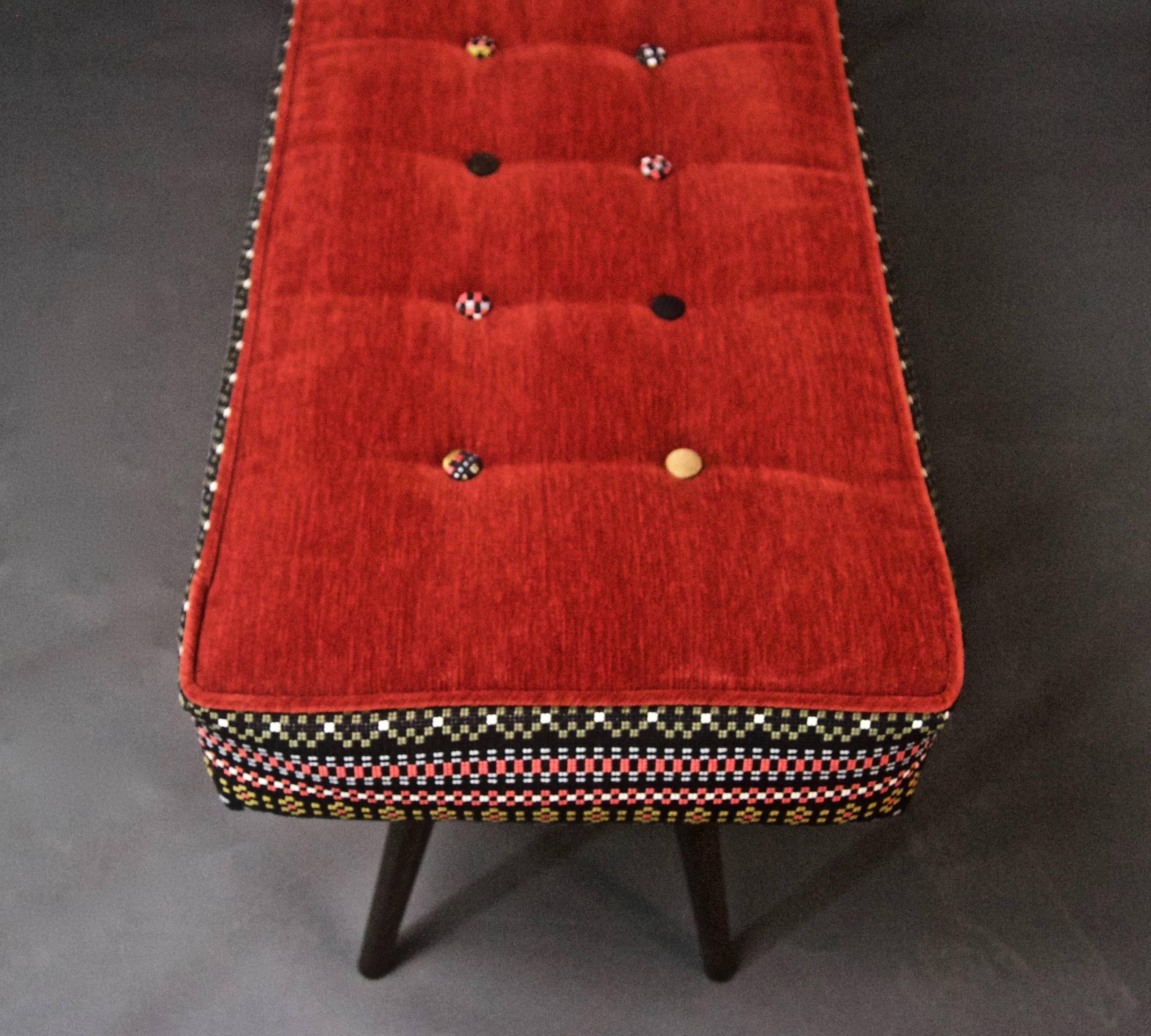 Upholstery Studio Series Bench, Folklorica with Flame Red Seat For Sale