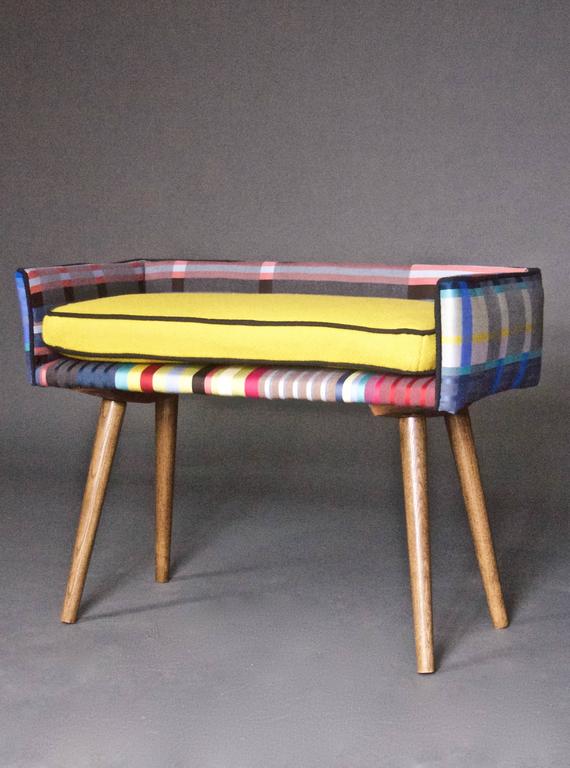 MidCentury VanitySized Stool in Summer Plaid For Sale at 1stDibs