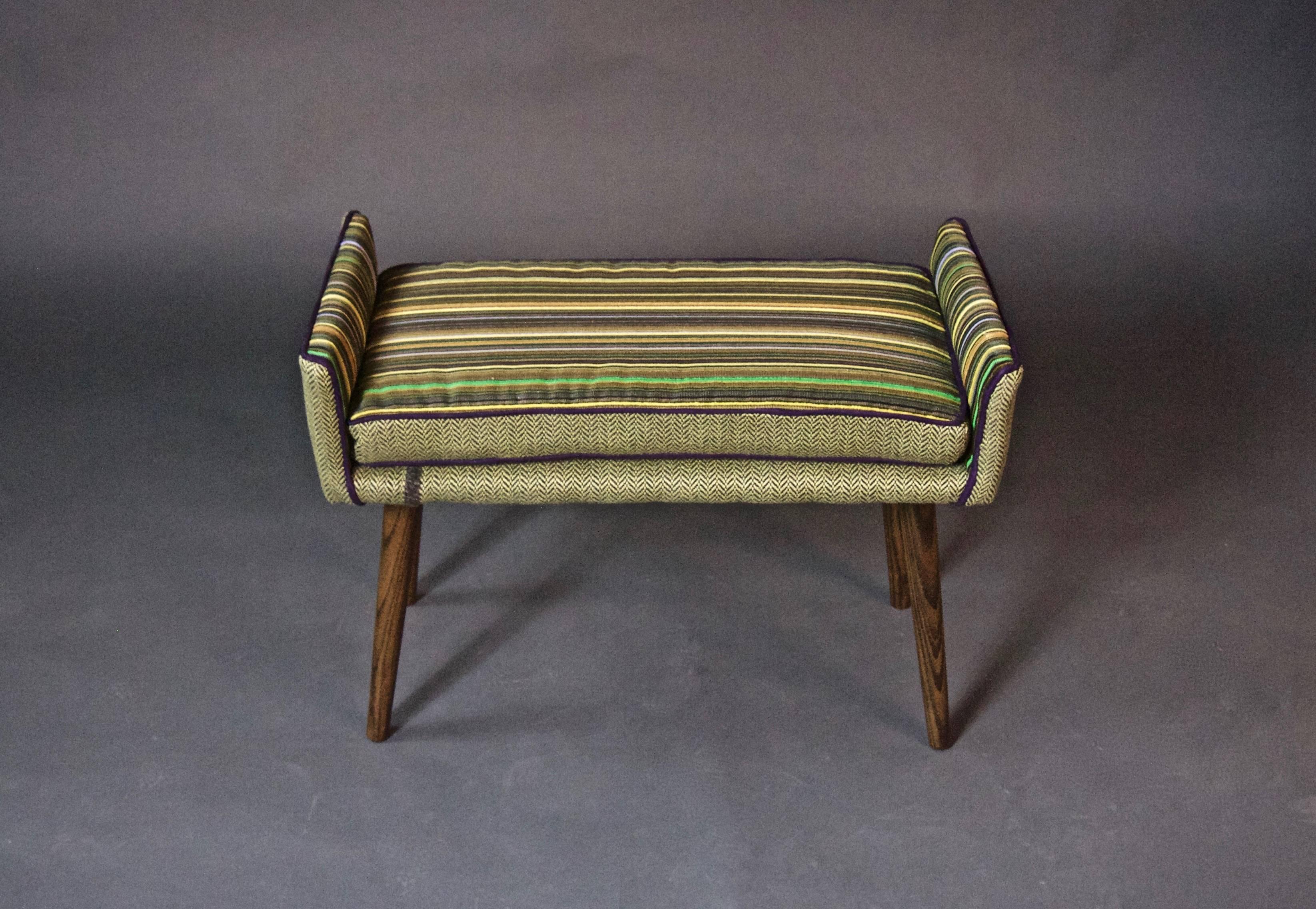 Upholstery Backless Vanity-Sized Stool in Herringbone and Stripes (in stock) For Sale