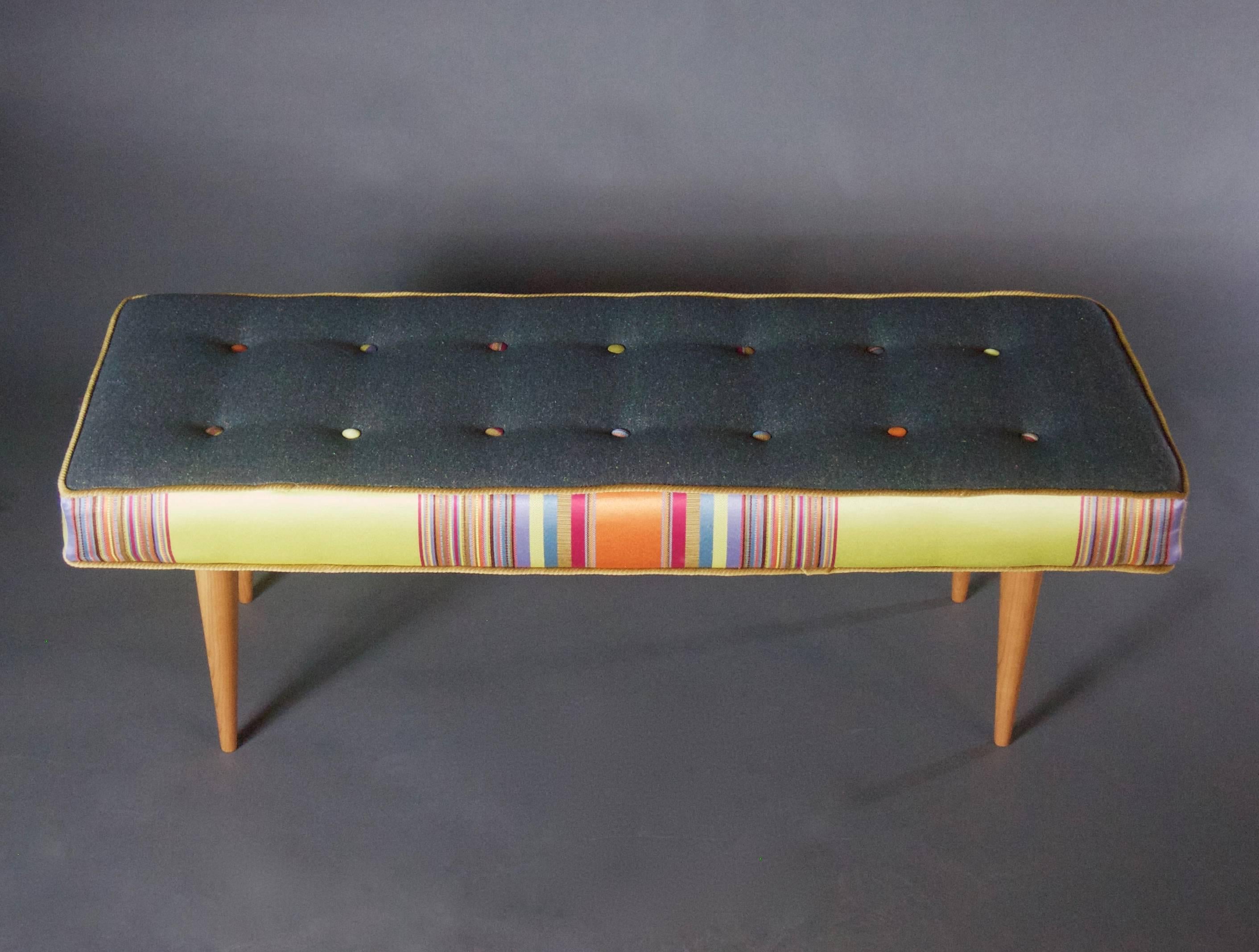 Modern 14-Button Bench in Bold Stripe and Gray Flannel
