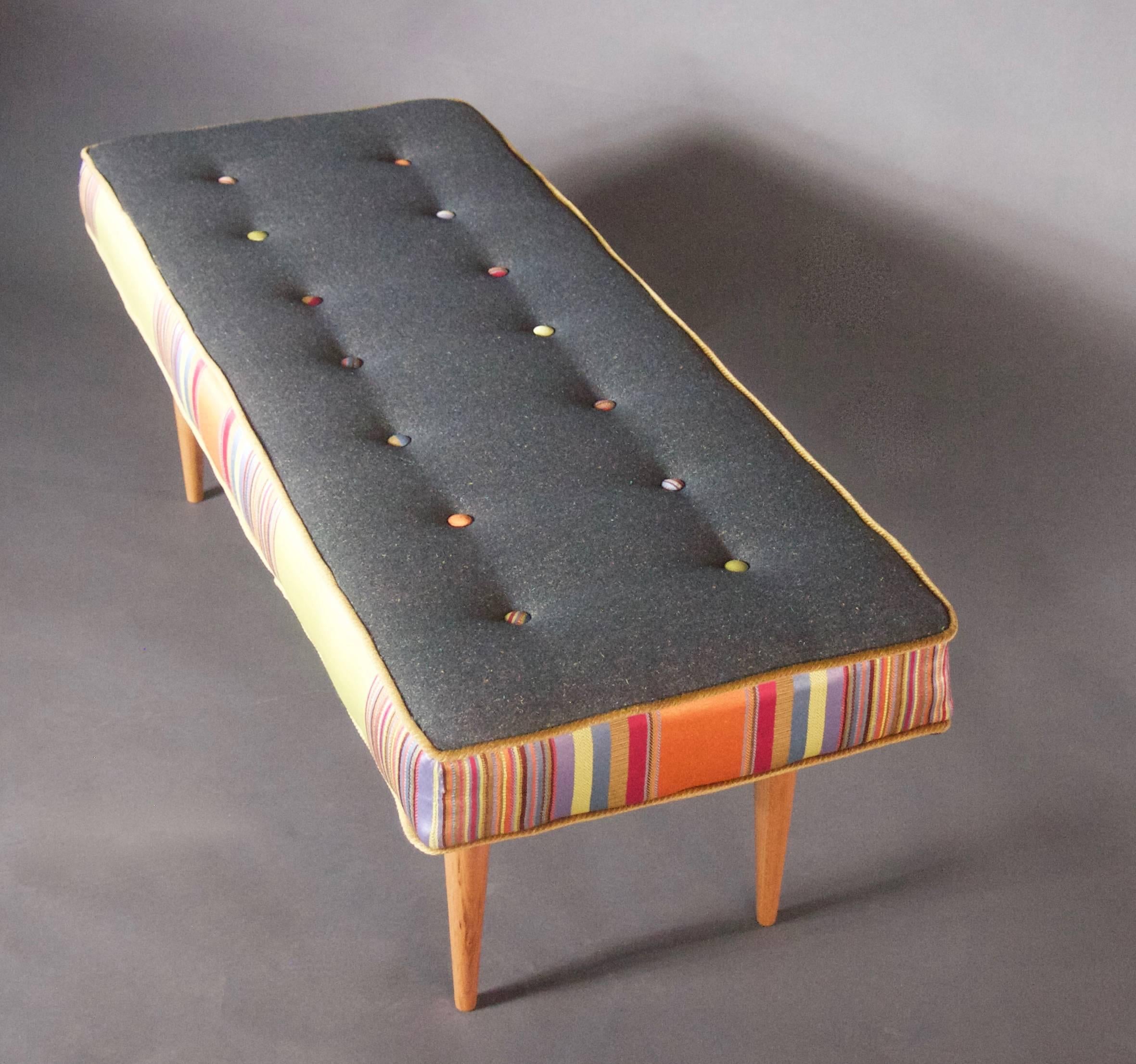 Hand-Crafted 14-Button Bench in Bold Stripe and Gray Flannel