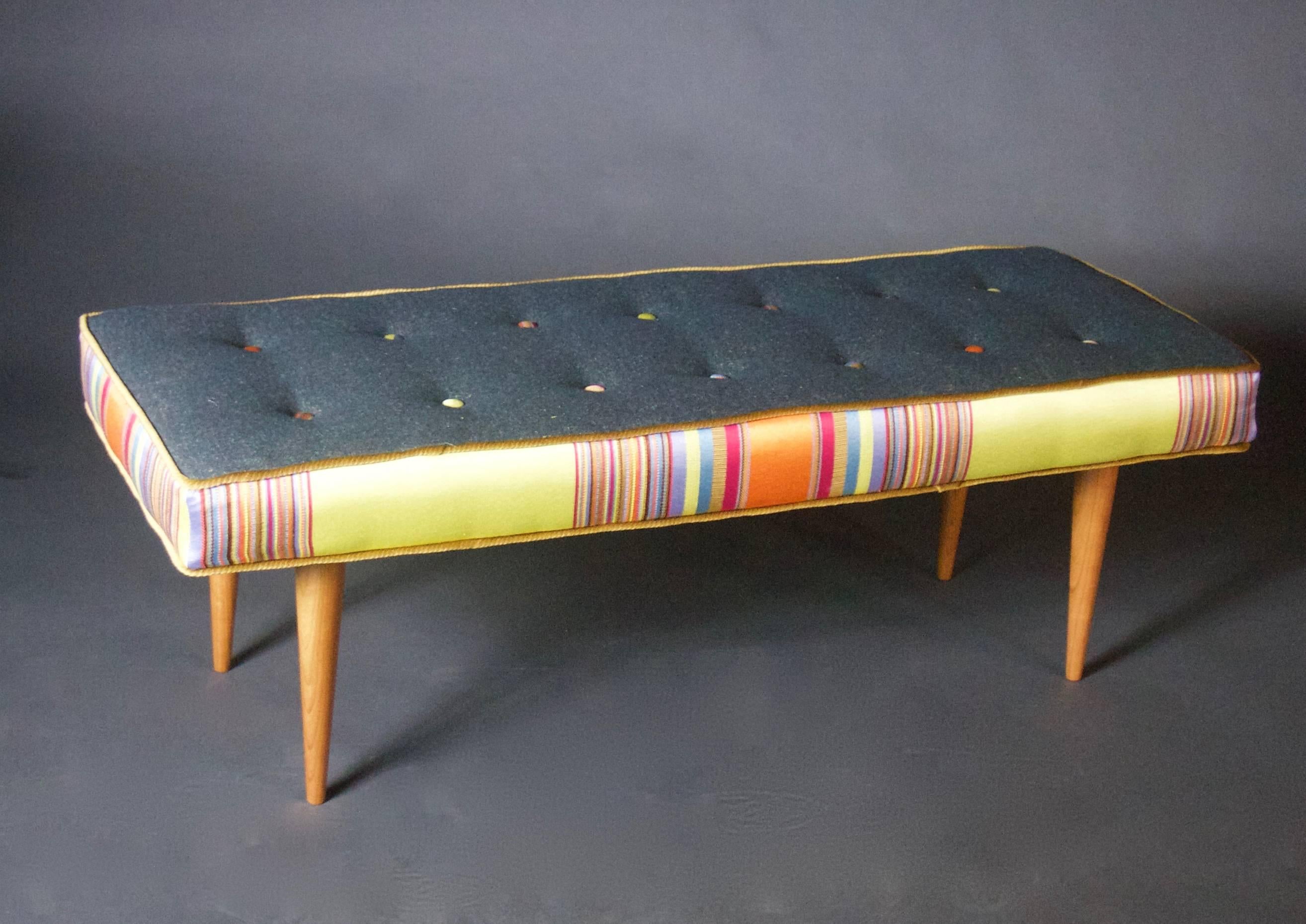 Contemporary 14-Button Bench in Bold Stripe and Gray Flannel