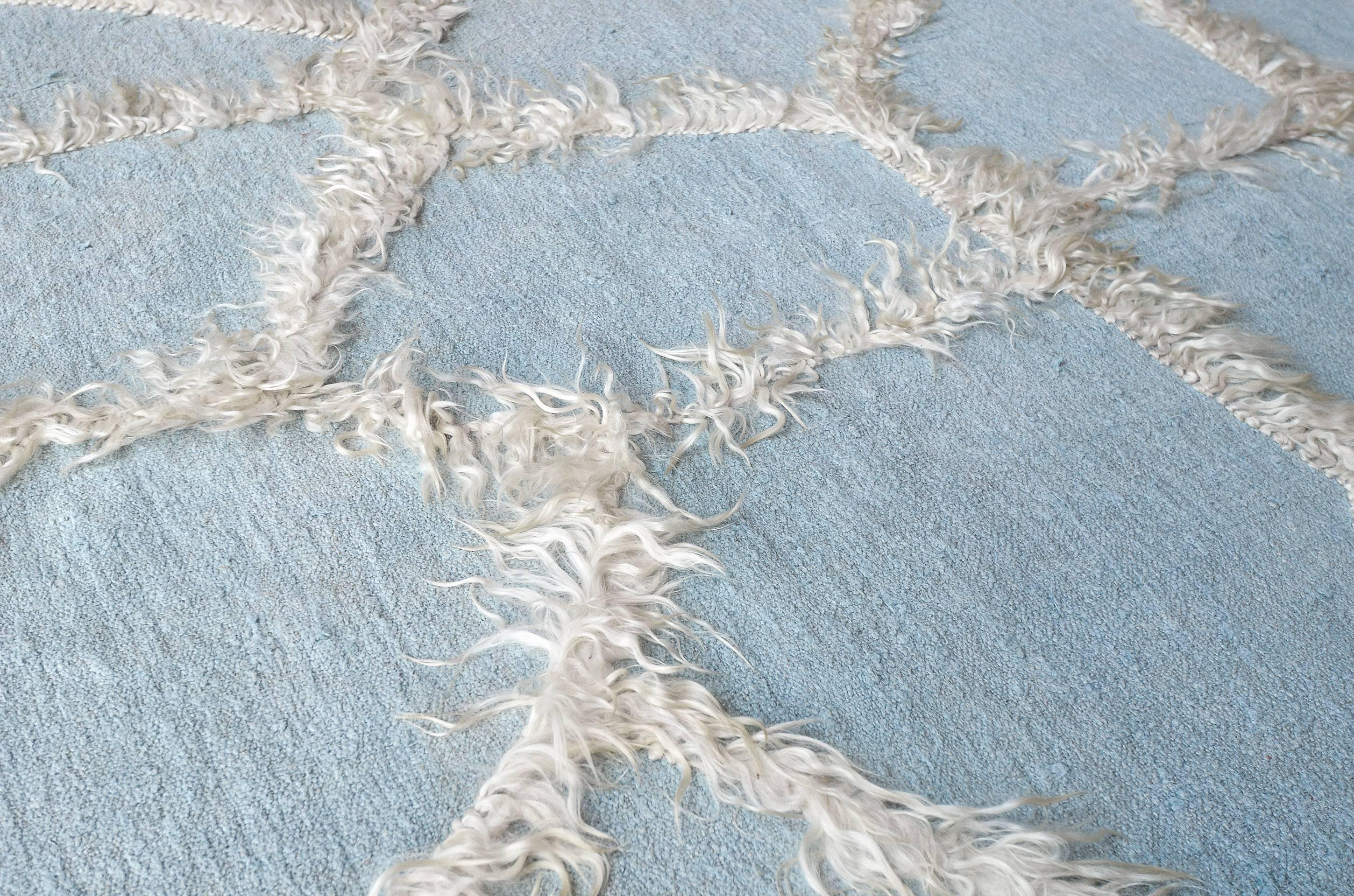 Hand-Knotted Handwoven Sky-blue Vintage Turkish Rug with Long Tufts of Wool For Sale