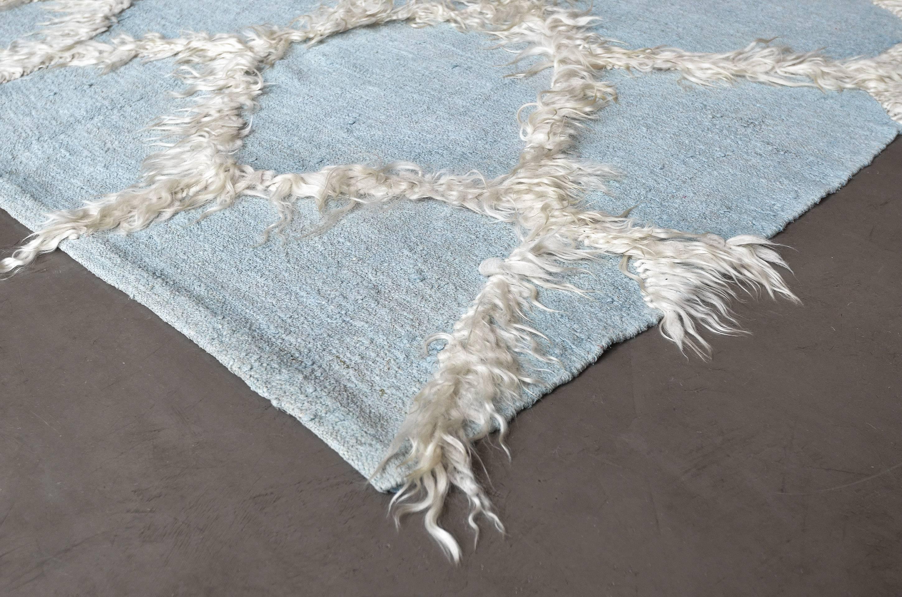 Handwoven Sky-blue Vintage Turkish Rug with Long Tufts of Wool In Excellent Condition For Sale In West Hollywood, CA