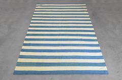 Handwoven Wool Flat-Weave Rug with Indigo Blue Stripes, Turkish Design