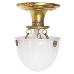 1920s Brass Flush Mount Fixture with Fluted Milk Glass Shade