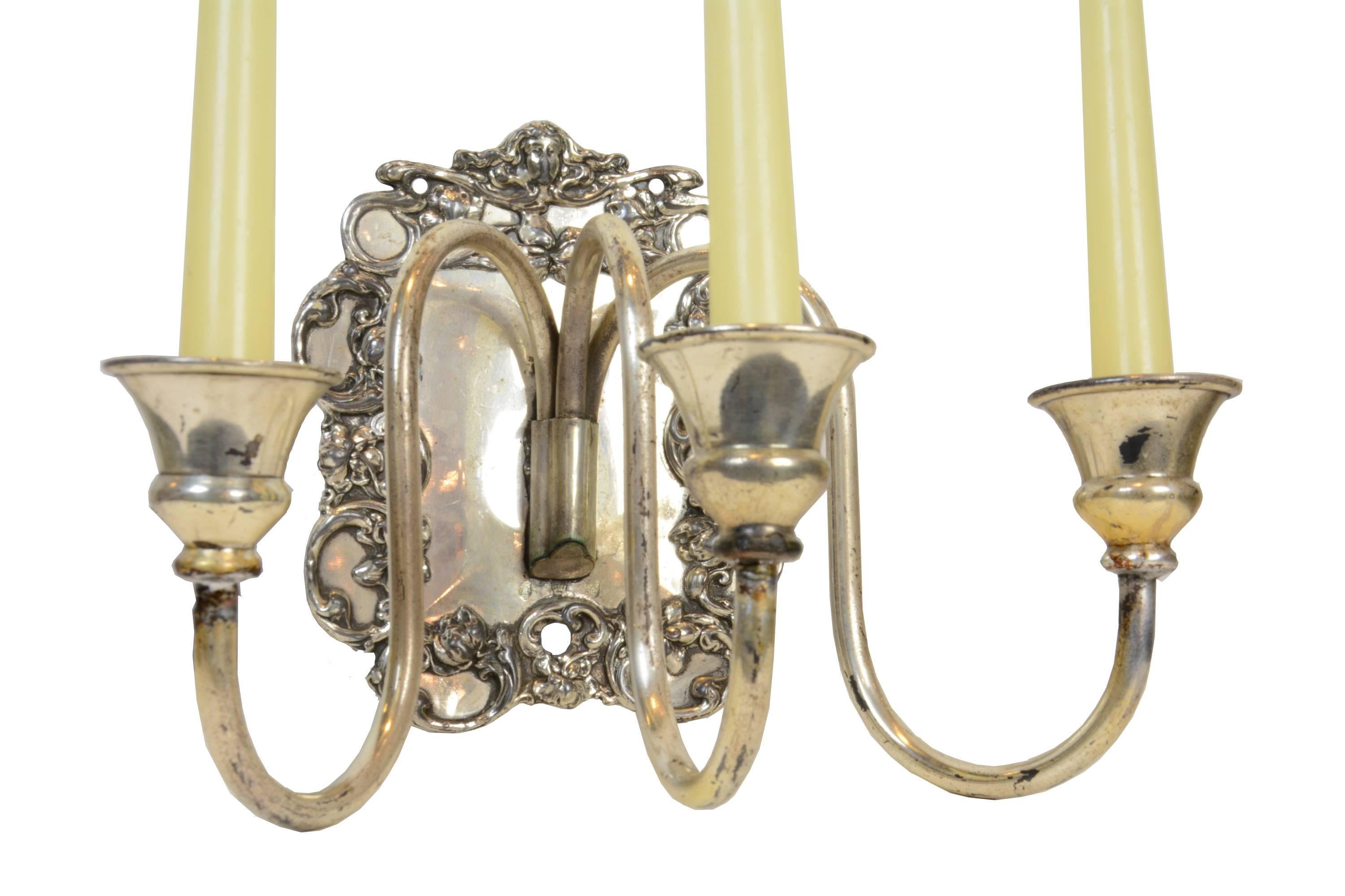 Art Nouveau Fantastic Cast Copper and Silver Overlay Candle Sconces