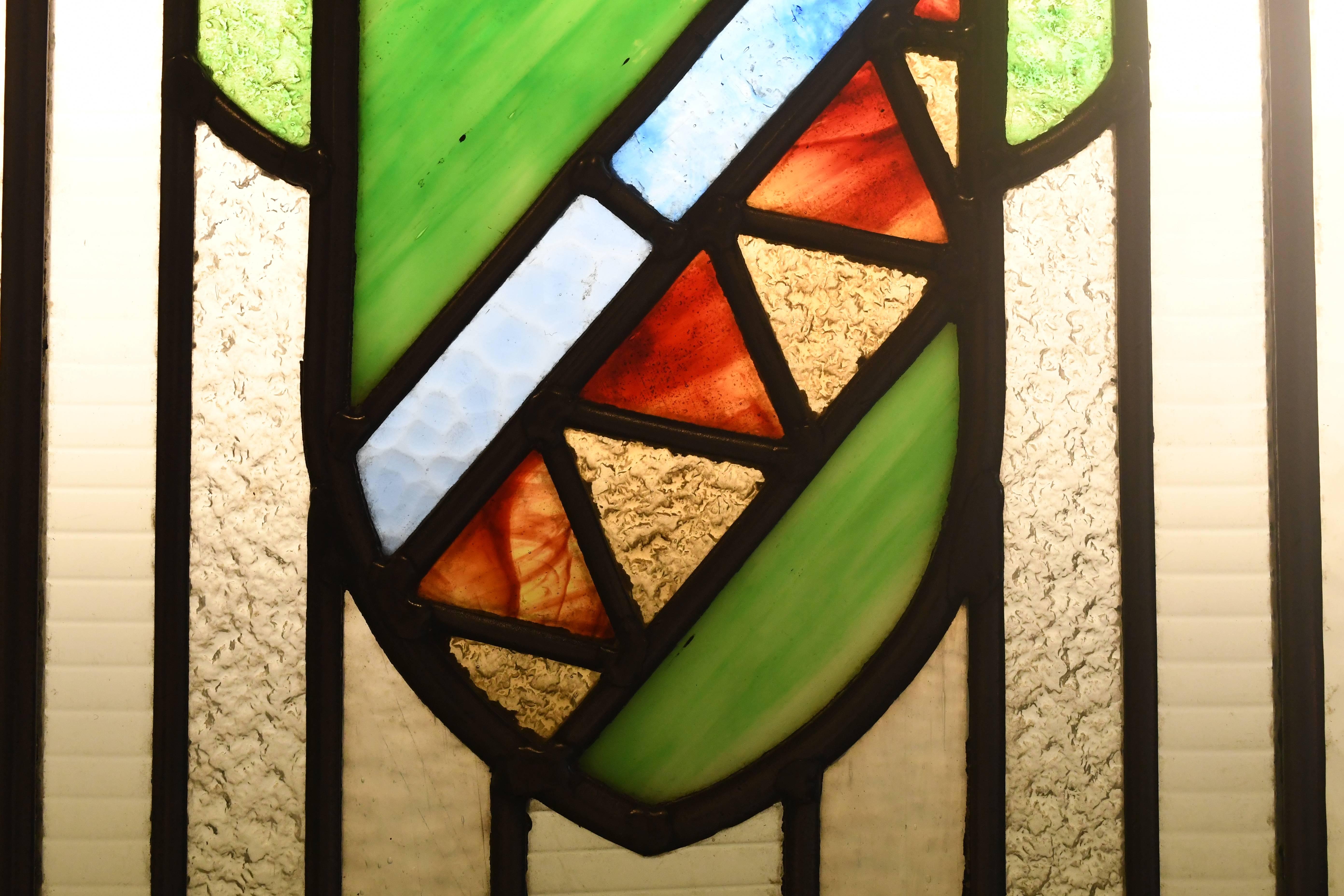 Prairie School Stained Glass Window with Red and Green Shield
