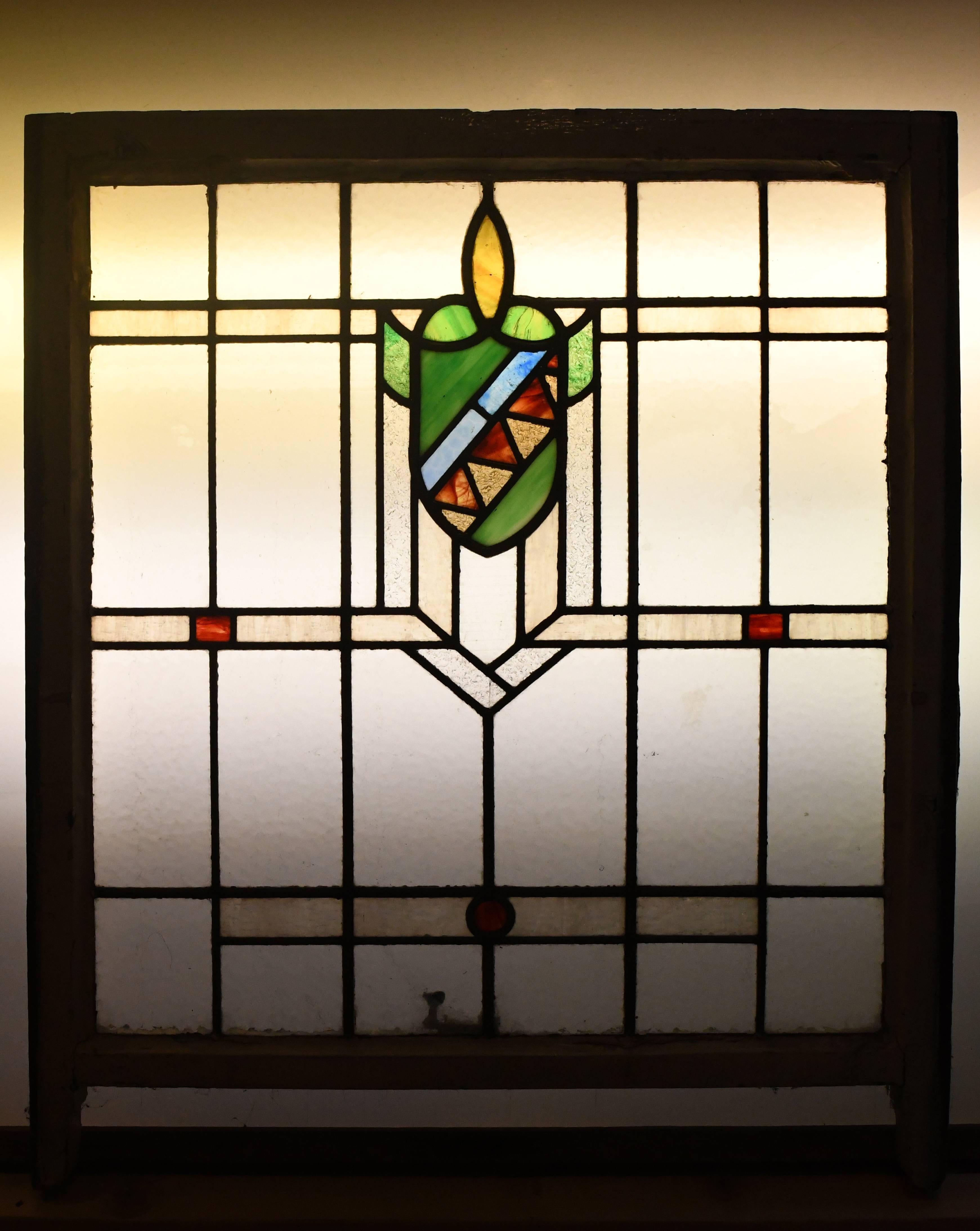 American Stained Glass Window with Red and Green Shield