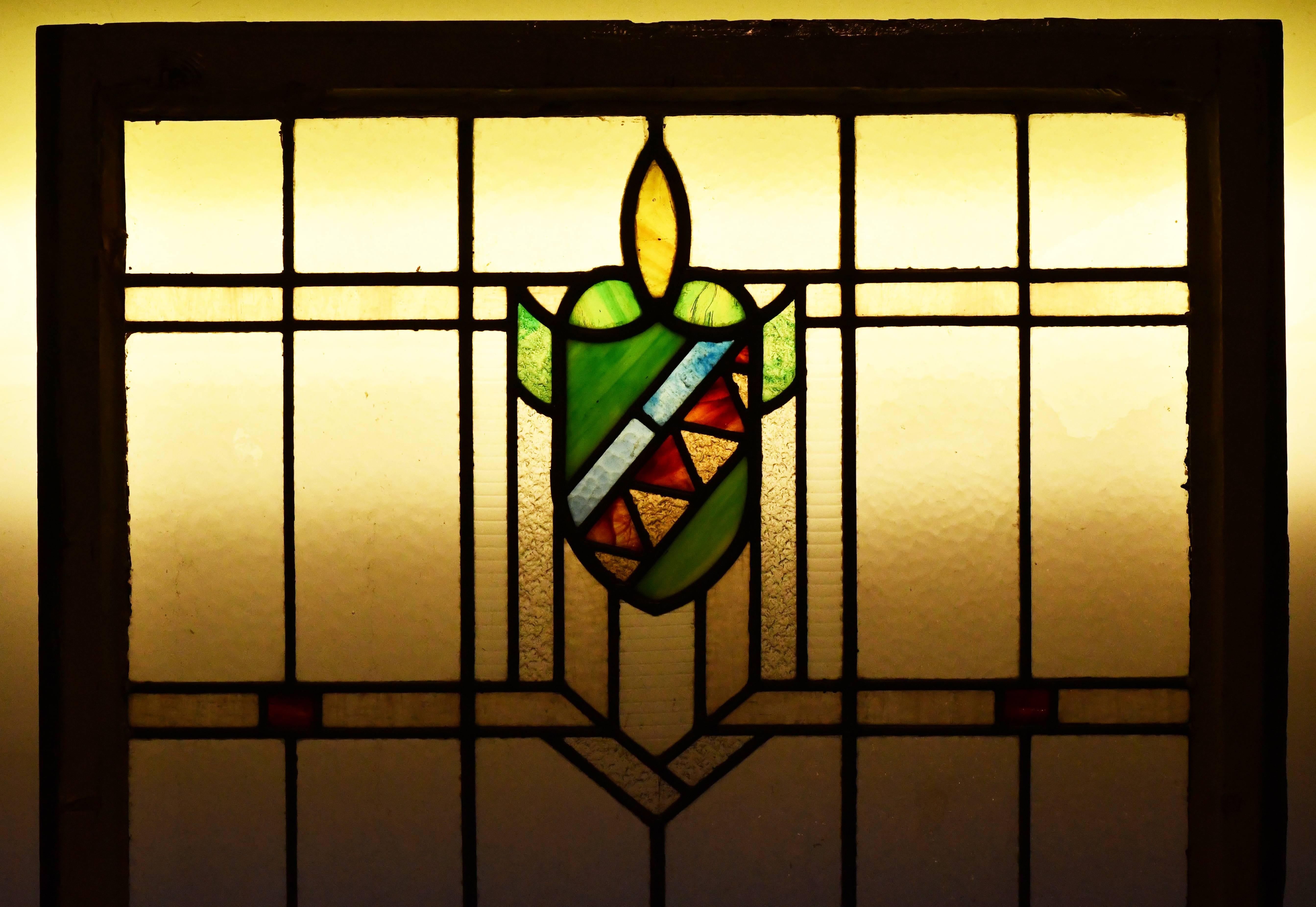 Early 20th Century Stained Glass Window with Red and Green Shield