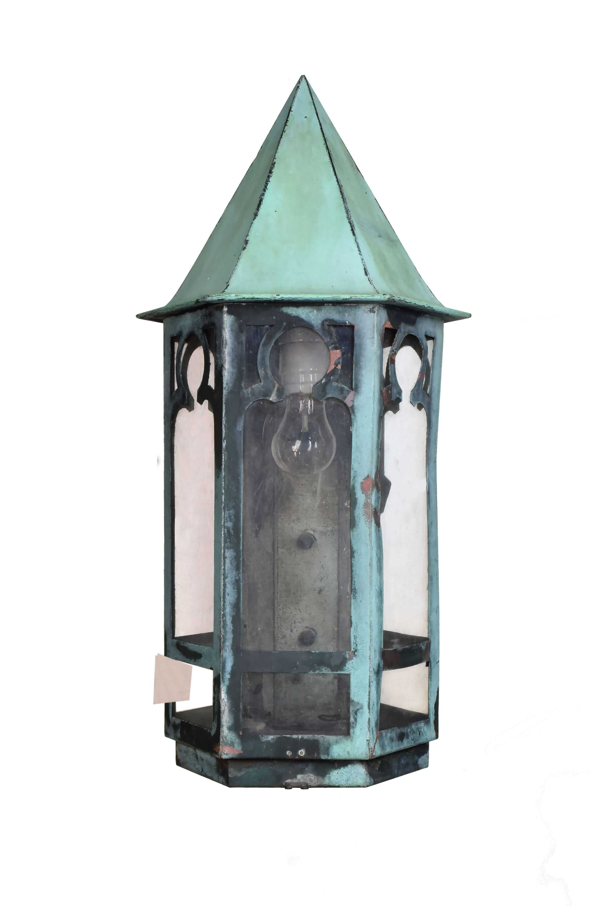 Gothic Copper Exterior Sconce with Patina In Fair Condition For Sale In Minneapolis, MN