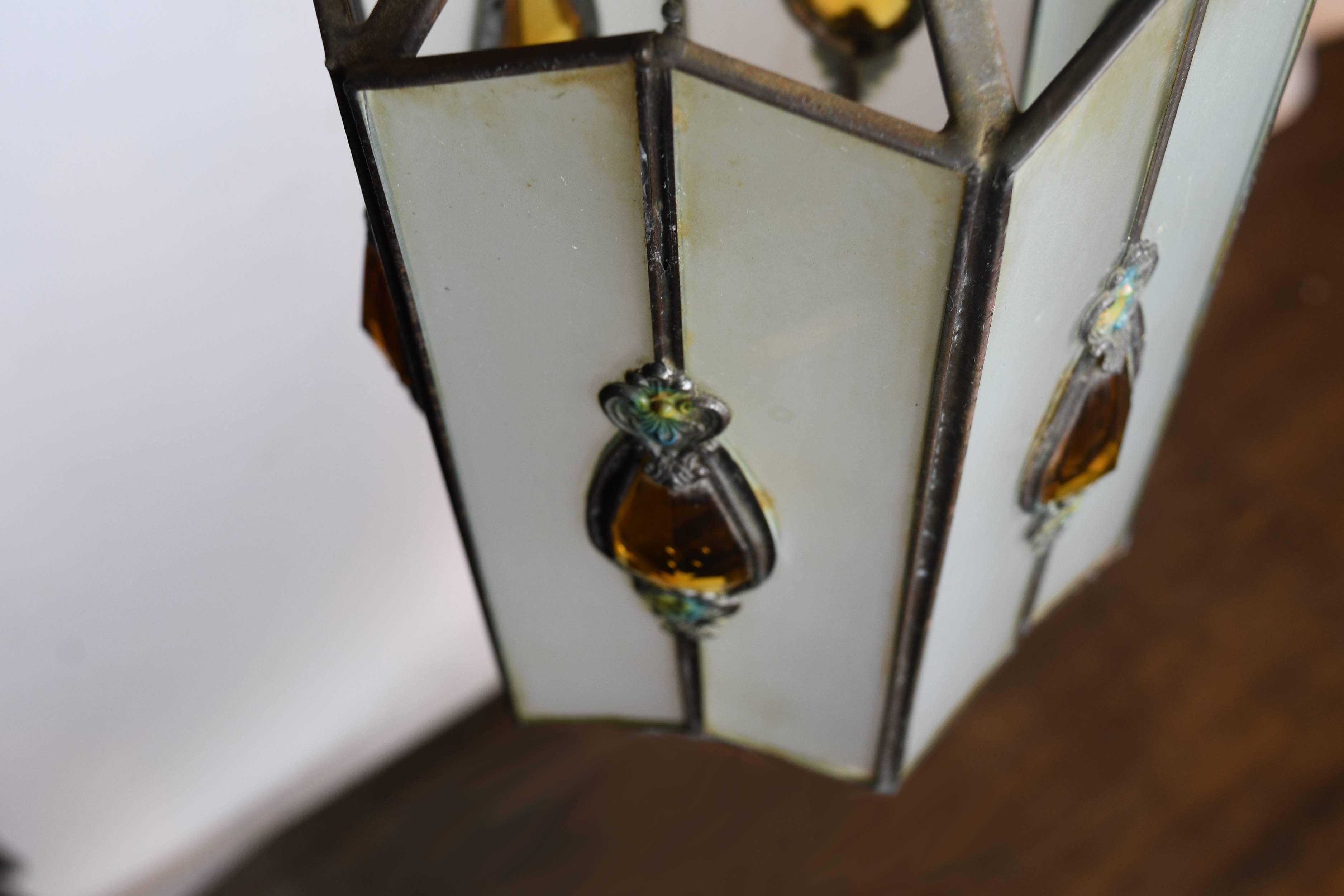 Early 20th Century Leaded Glass Pendant with Amber Teardrops, circa 1930