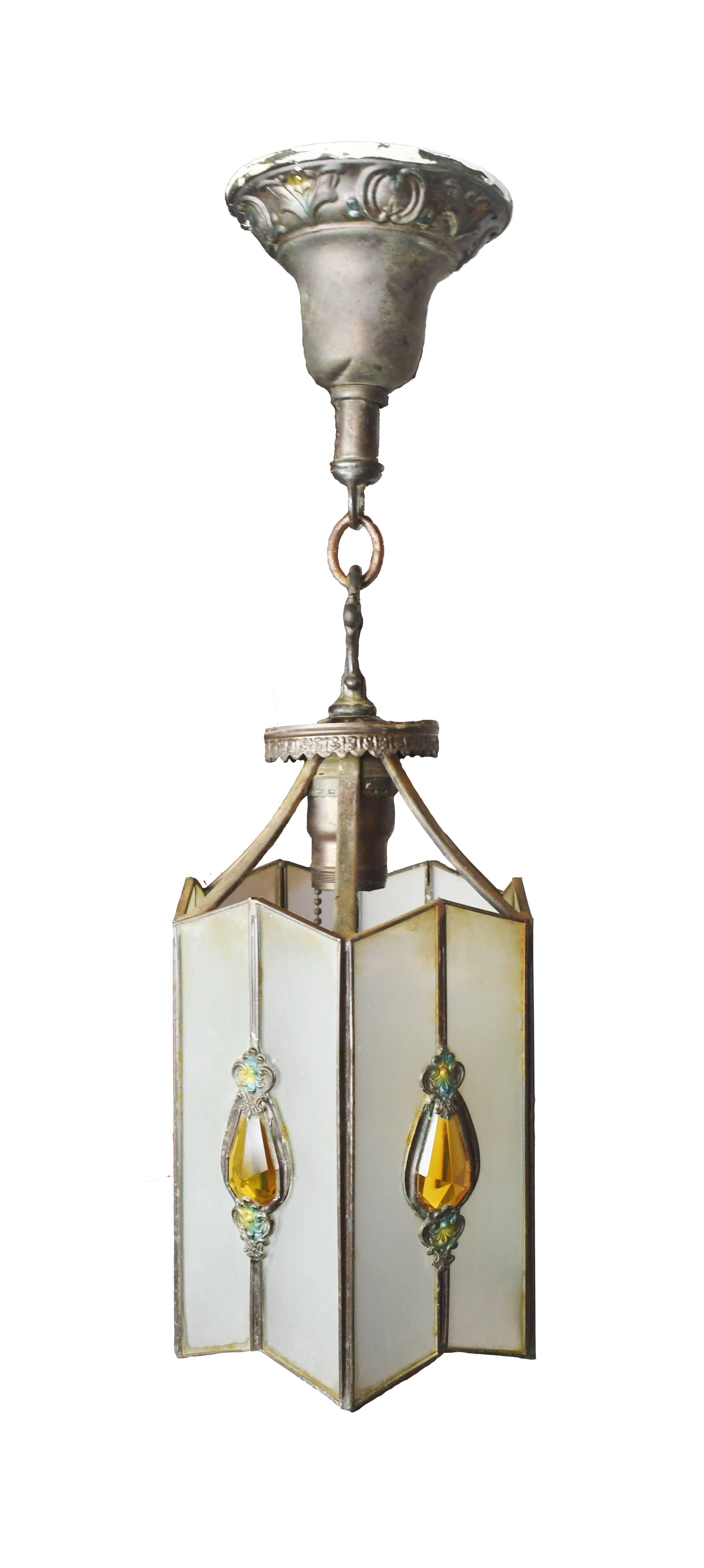 Leaded Glass Pendant with Amber Teardrops, circa 1930 3