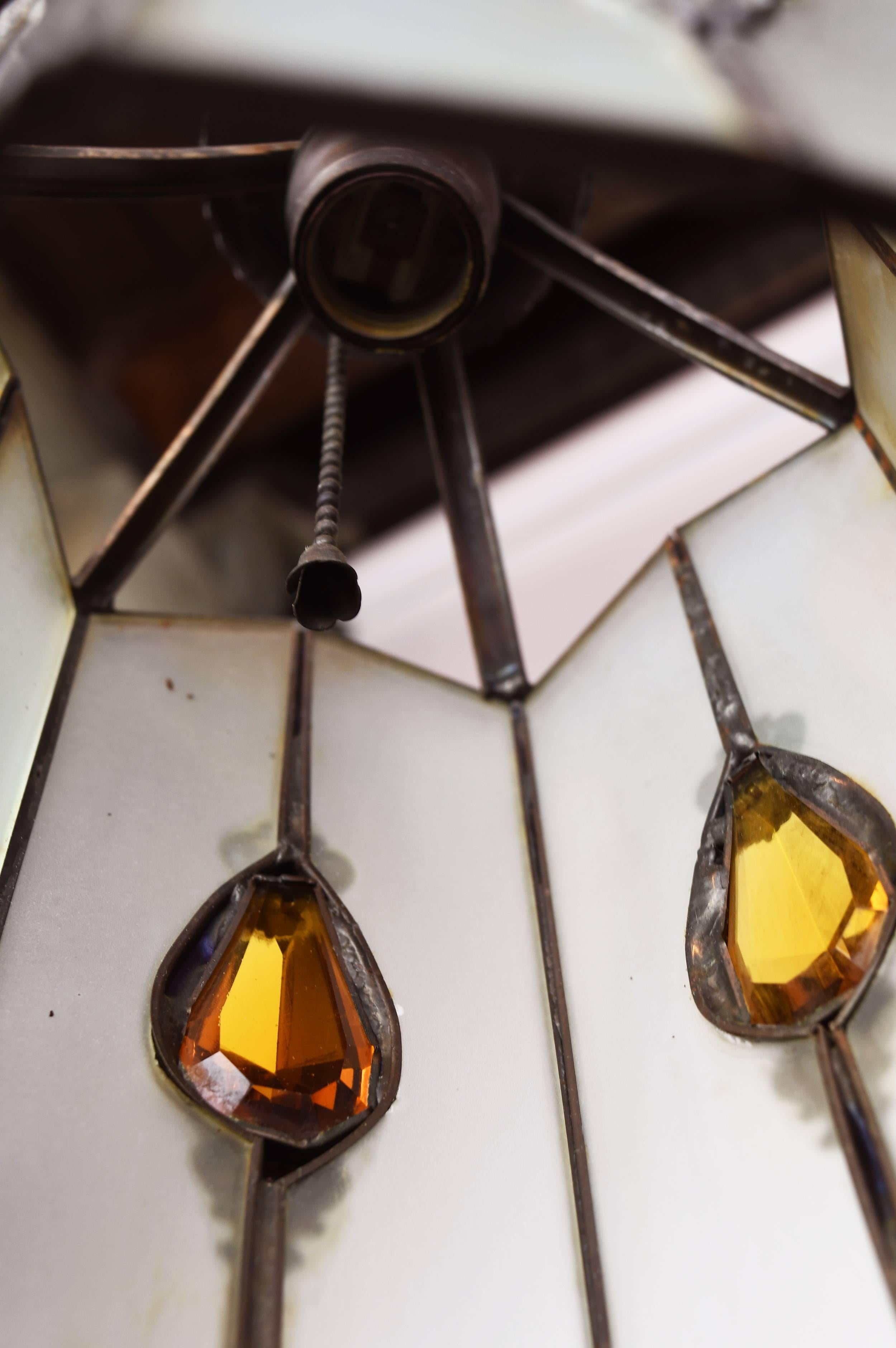 Leaded Glass Pendant with Amber Teardrops, circa 1930 4