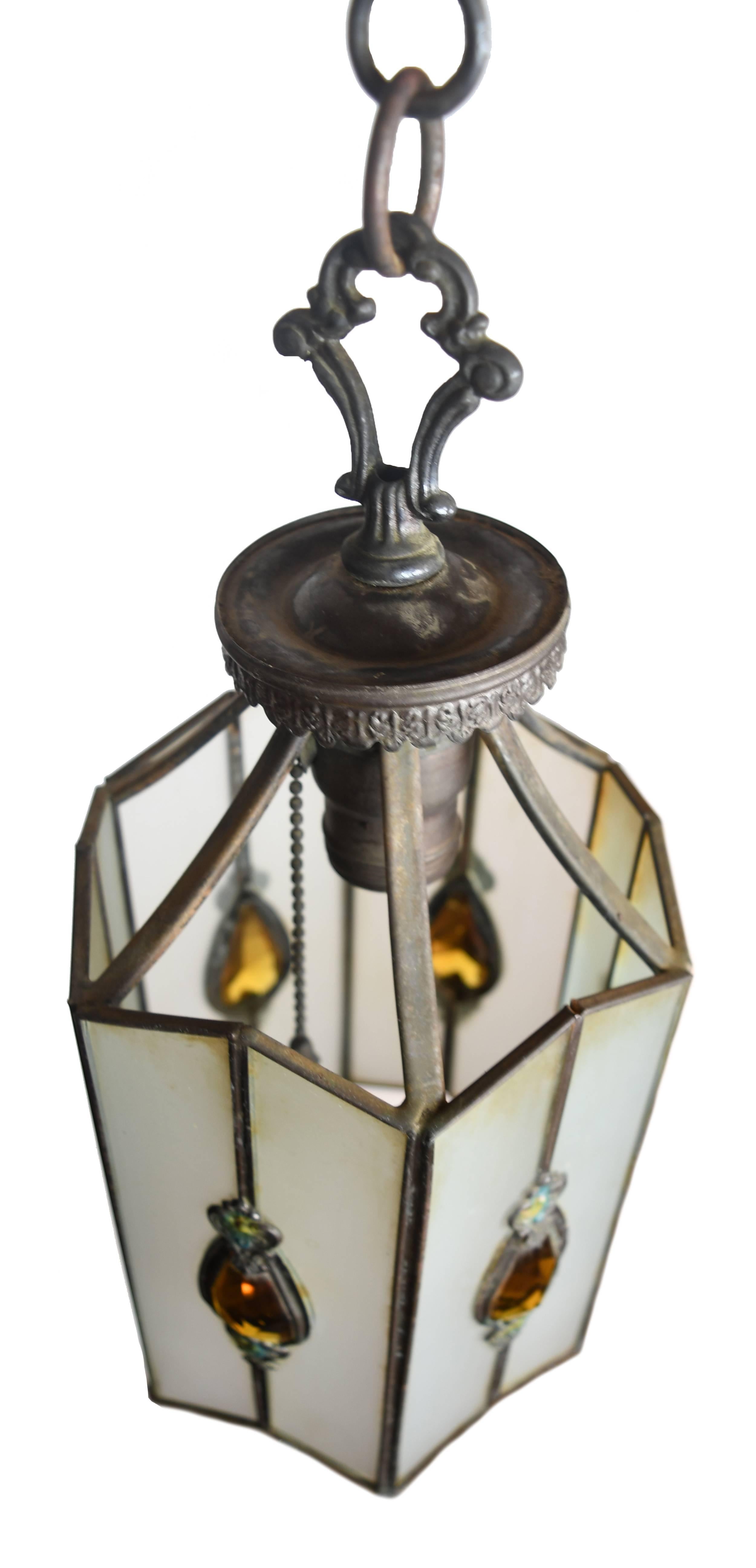 Leaded Glass Pendant with Amber Teardrops, circa 1930 5